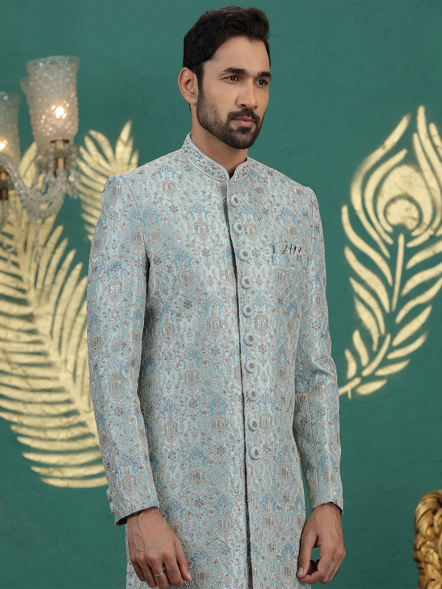 Blue Wedding Silk Sherwani In Zari Embroidery