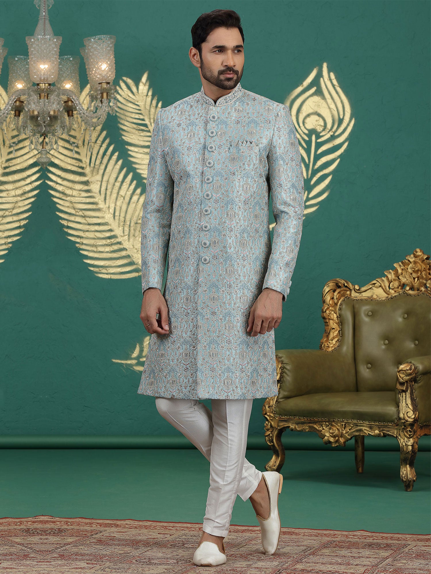 Blue Wedding Silk Sherwani In Zari Embroidery