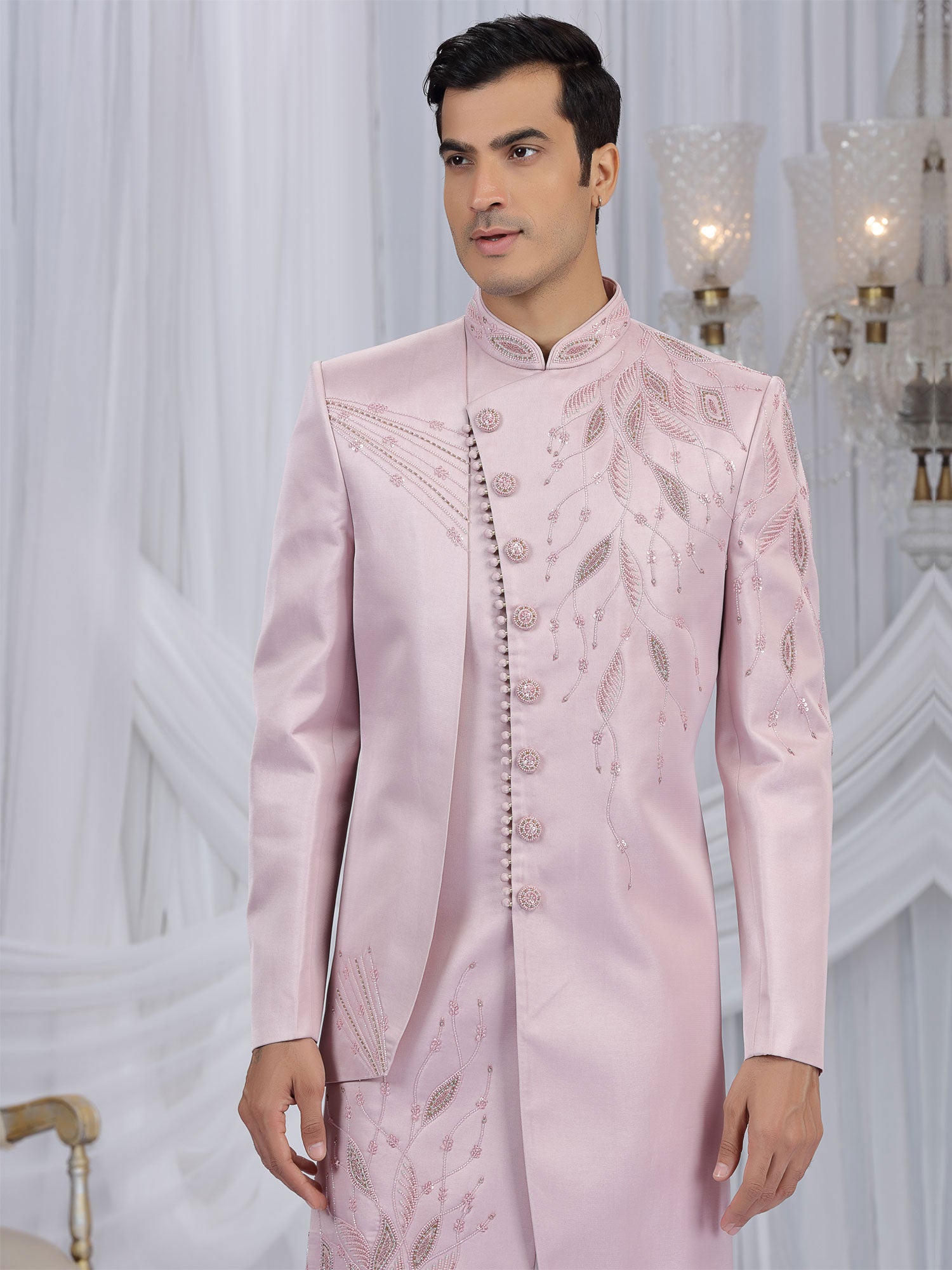 Pink Hand Work Embellished Indowestern For Mens