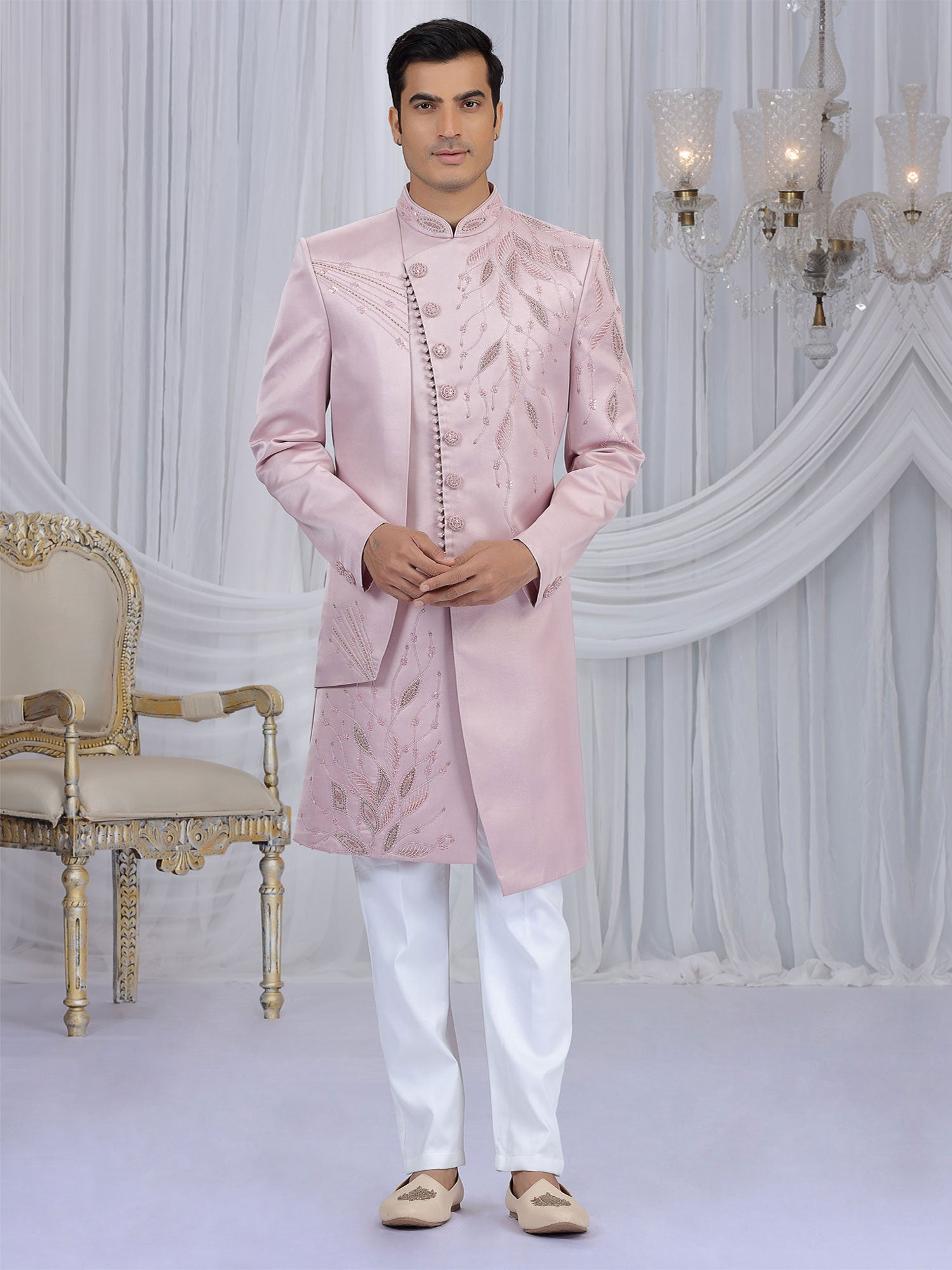 Pink Hand Work Embellished Indowestern For Mens