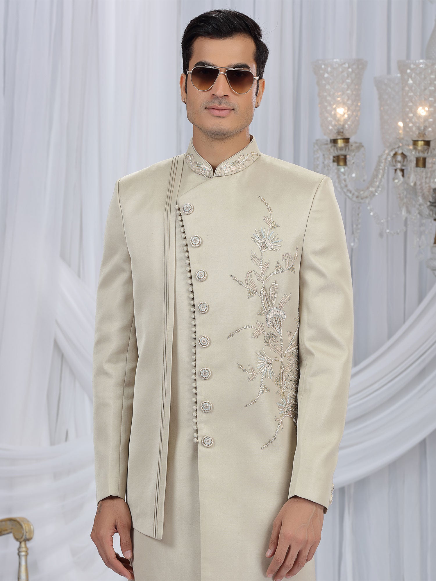 Beige Menswear Indowestern Set In Hand Work
