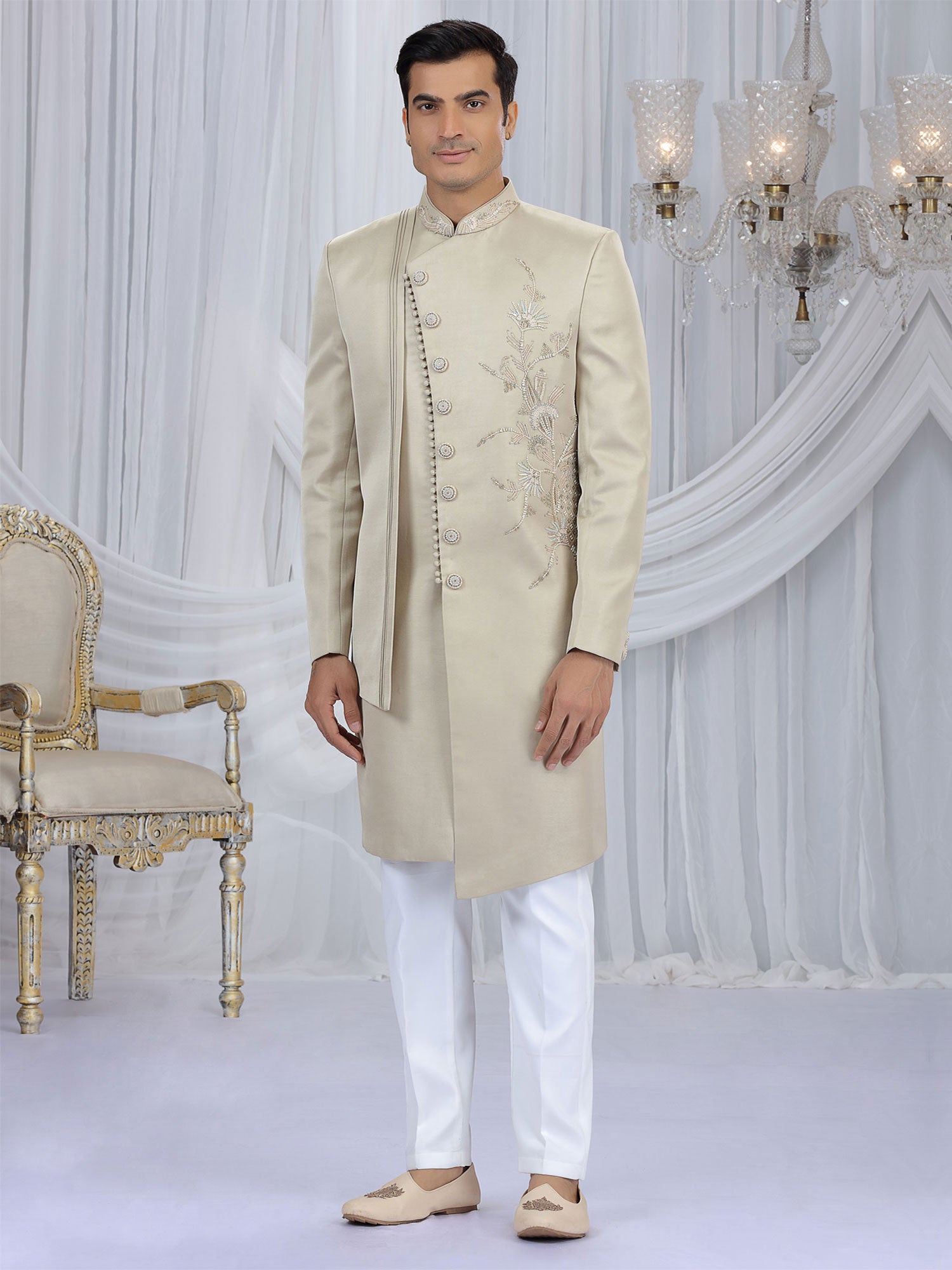 Beige Menswear Indowestern Set In Hand Work