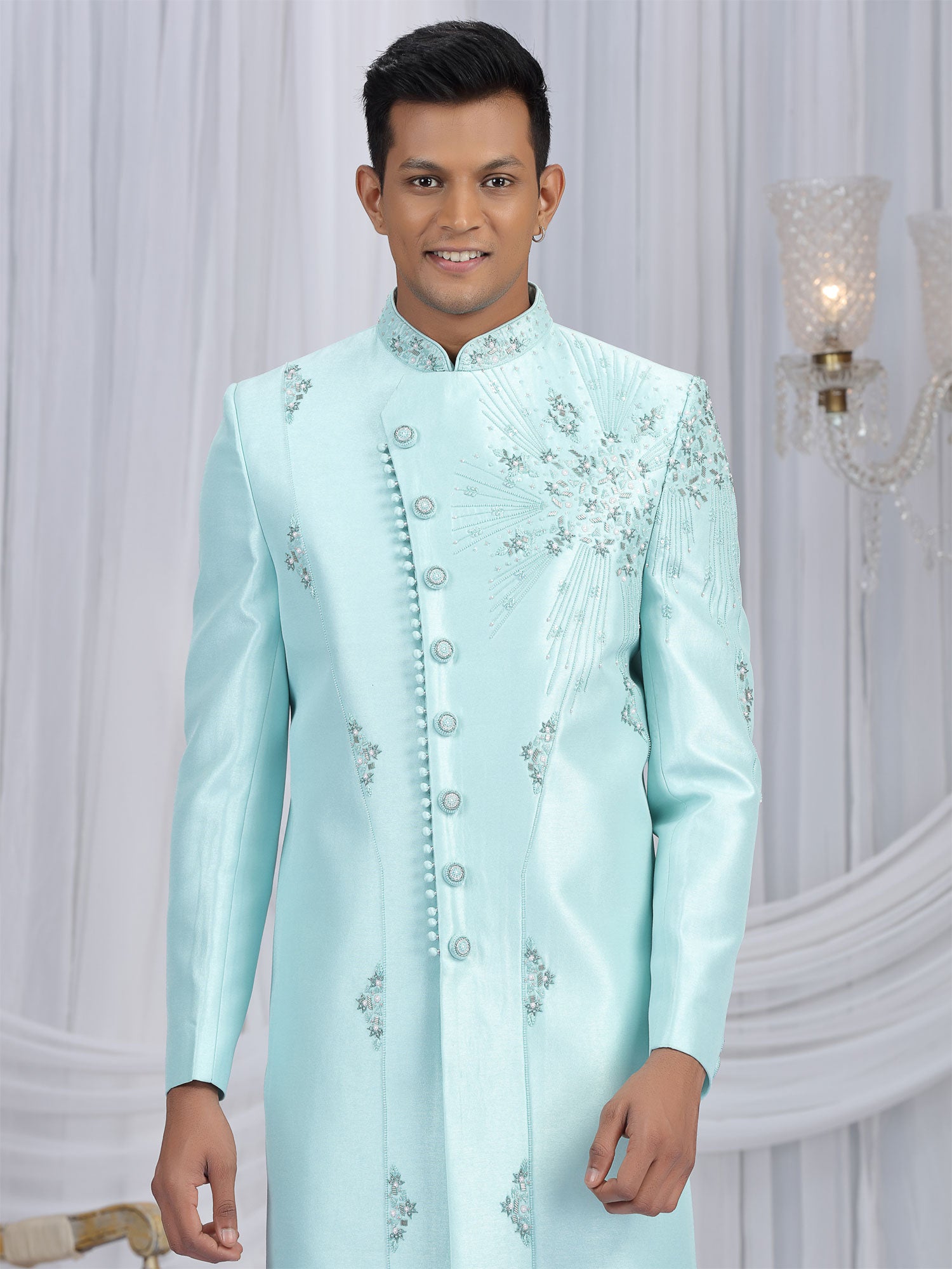 Sky Blue Floral Embroidered Men's Indo Western