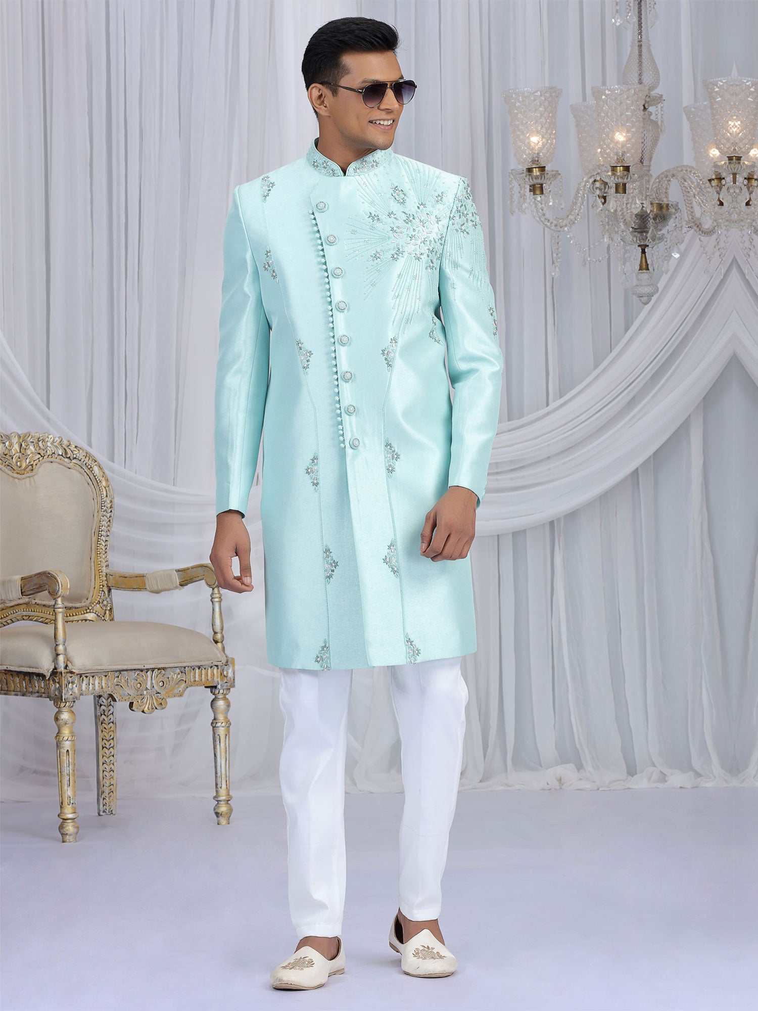 Sky Blue Floral Embroidered Men's Indo Western