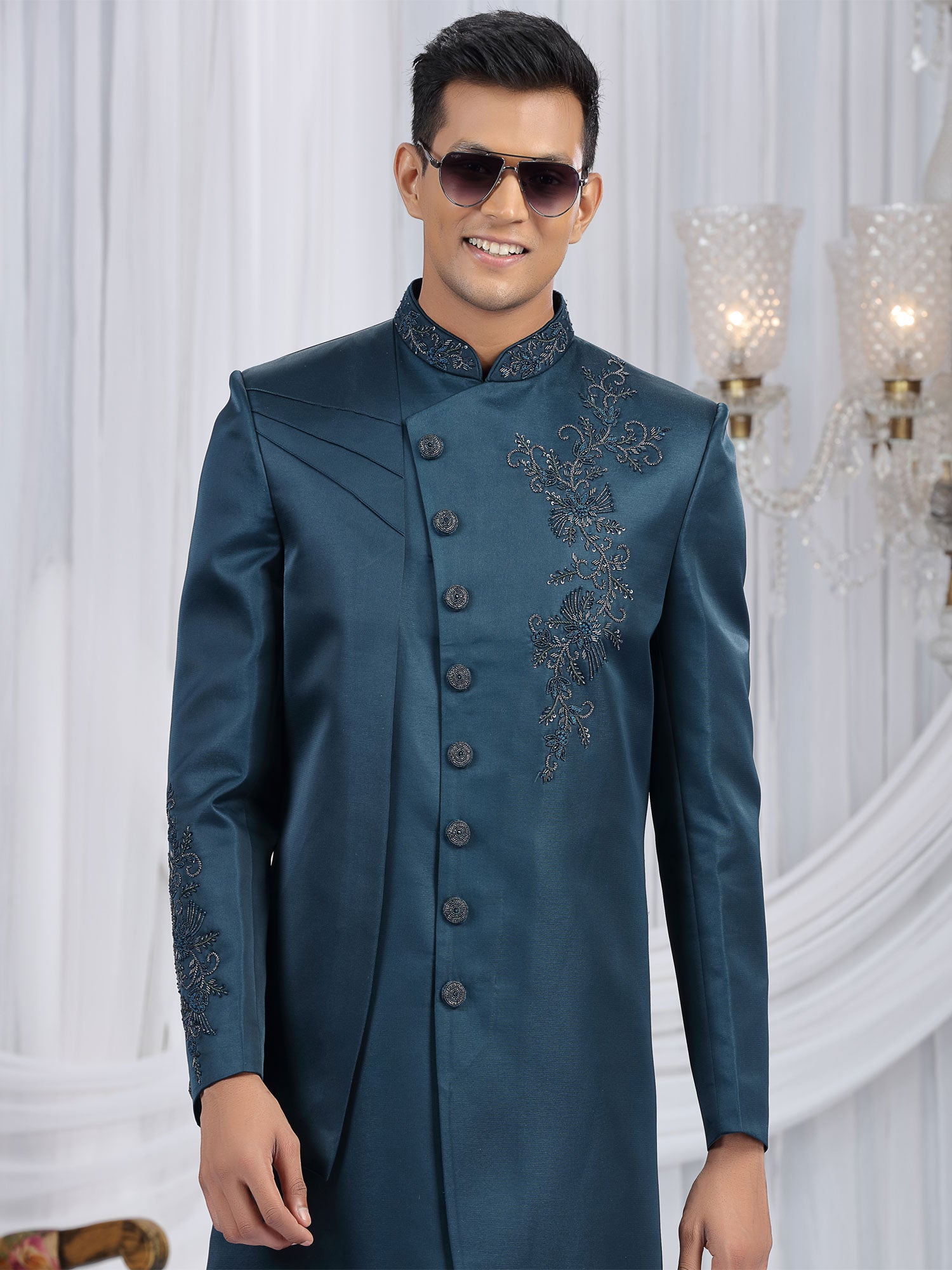 Blue Embroidered Art Silk Indowestern For Mens