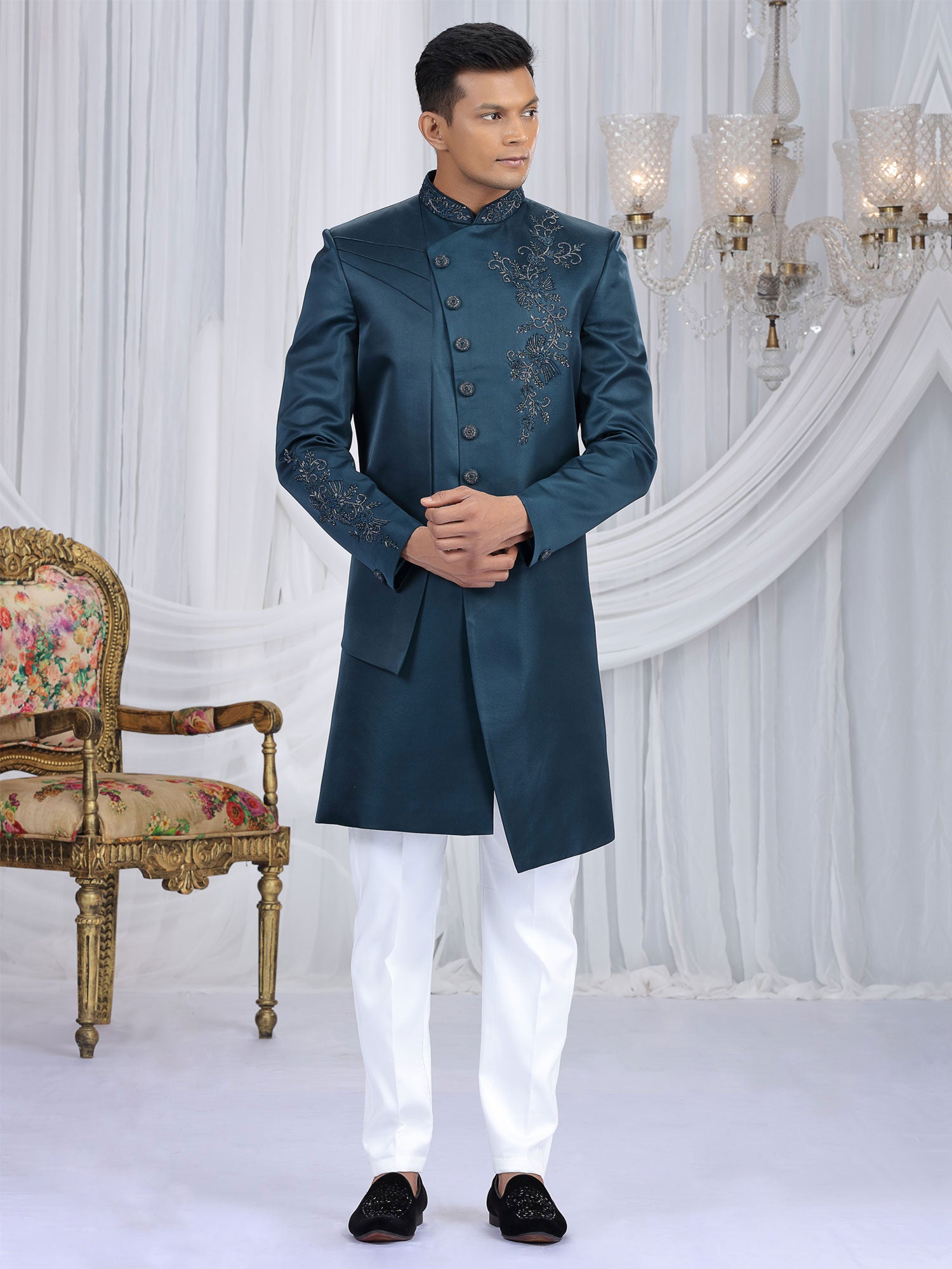Blue Embroidered Art Silk Indowestern For Mens