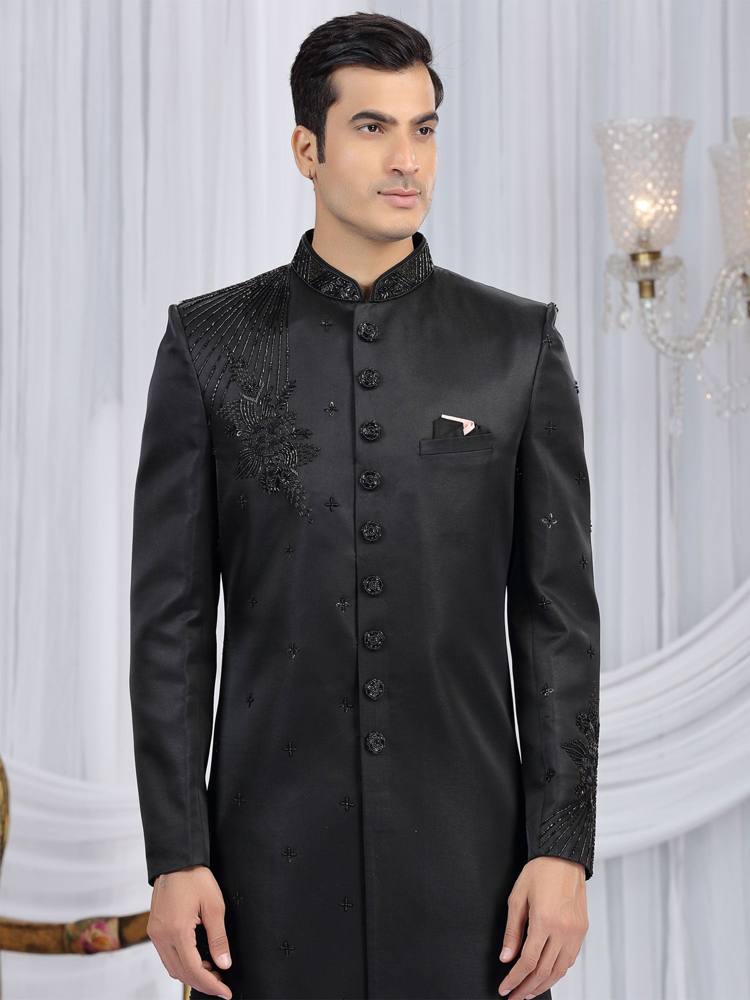 Black Wedding Indowestern In Hand Work Embellishments
