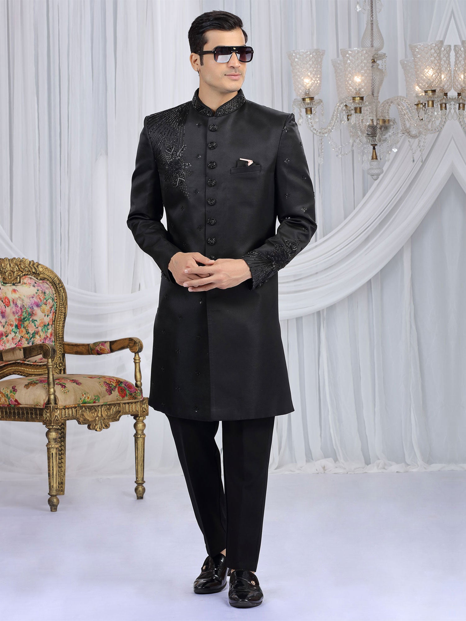 Black Wedding Indowestern In Hand Work Embellishments