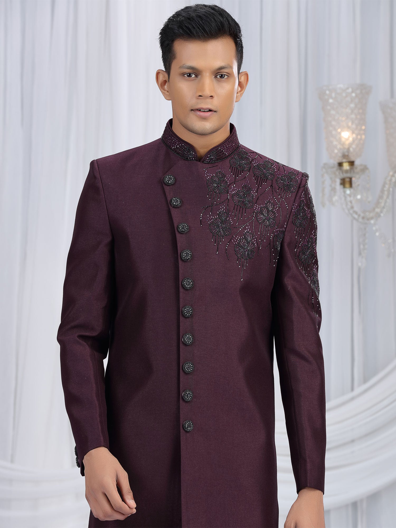 Wine Men's Wear Wedding Indo Western Set In Silk