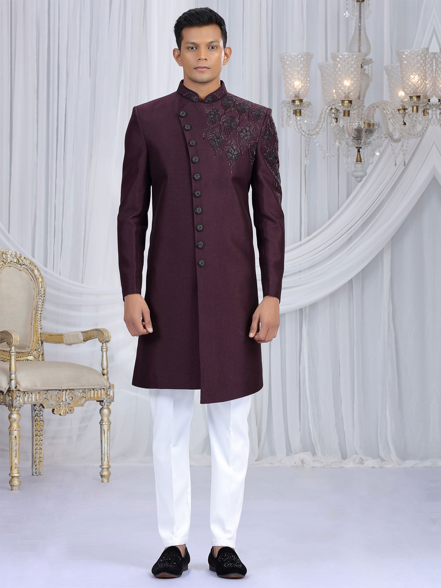 Wine Men's Wear Wedding Indo Western Set In Silk