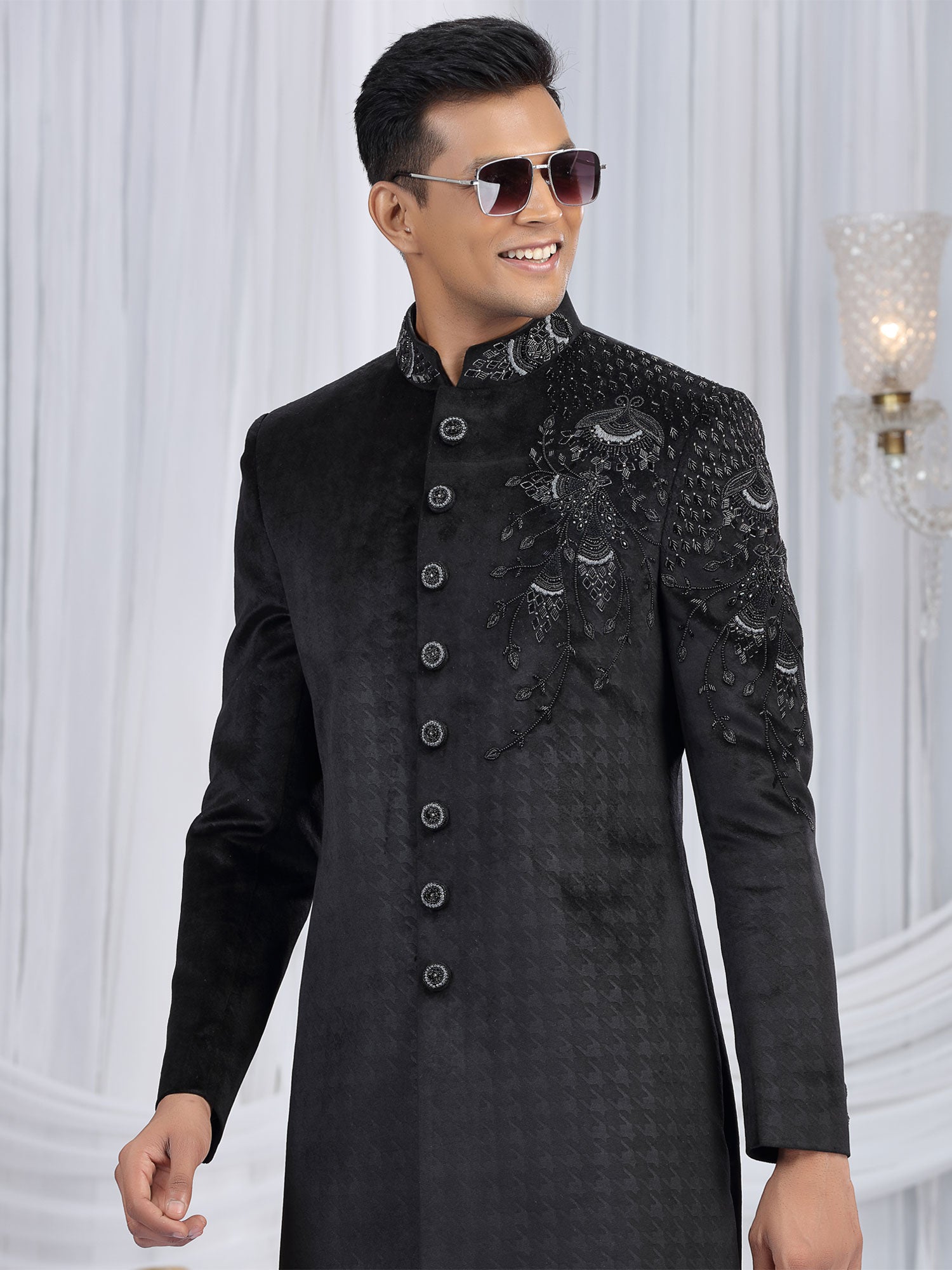 Black Velvet Indo Western Set In Heavy Embroidery