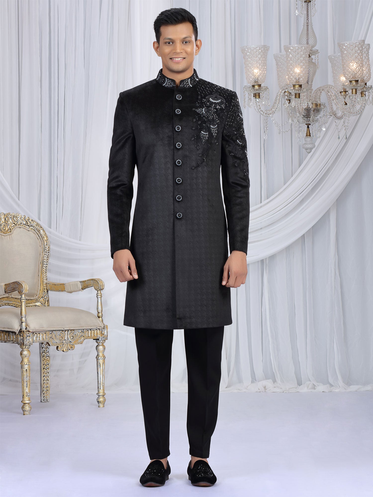 Black Velvet Indo Western Set In Heavy Embroidery