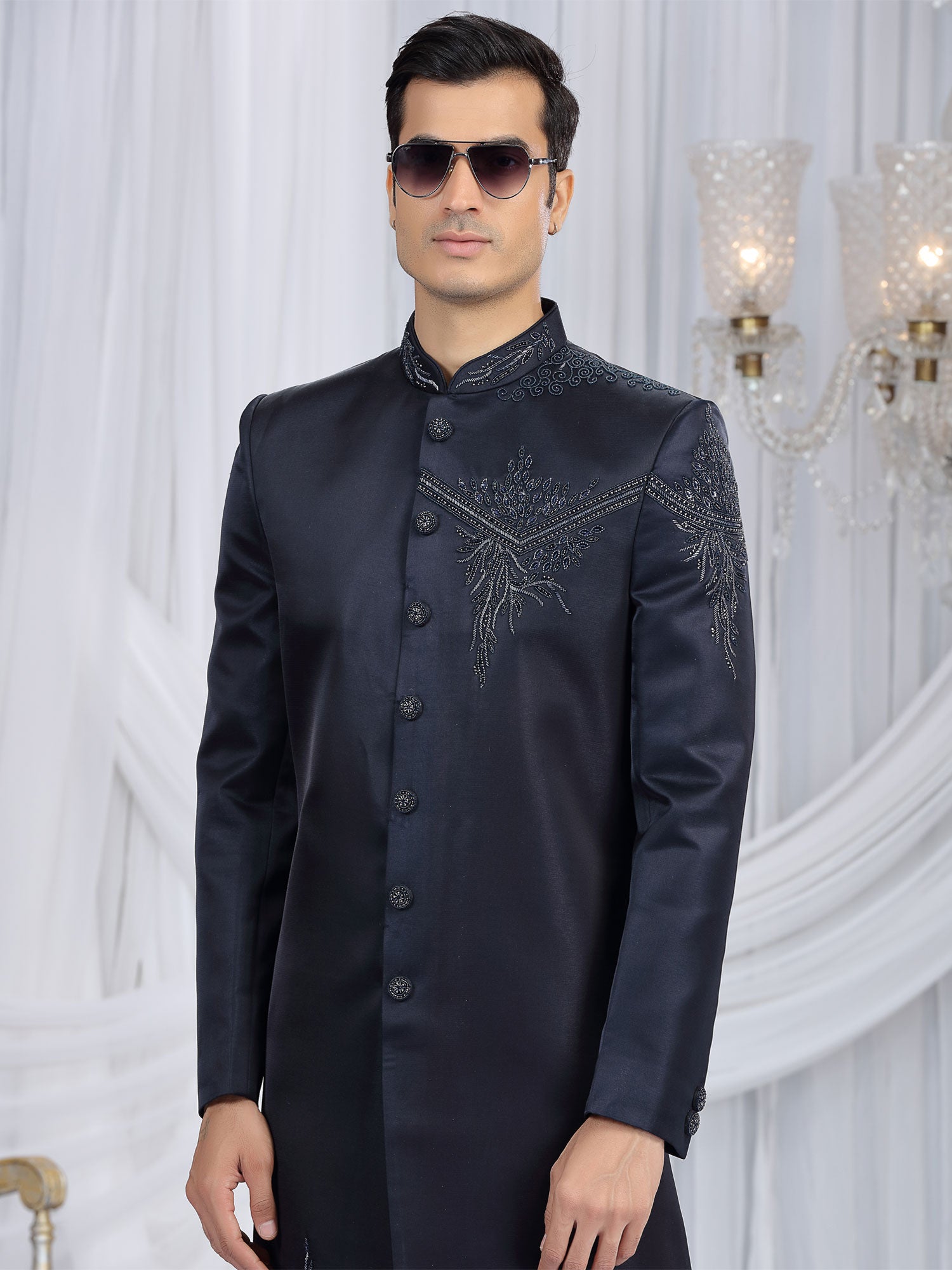 Navy Blue Weddng Indo Western Set For Mens