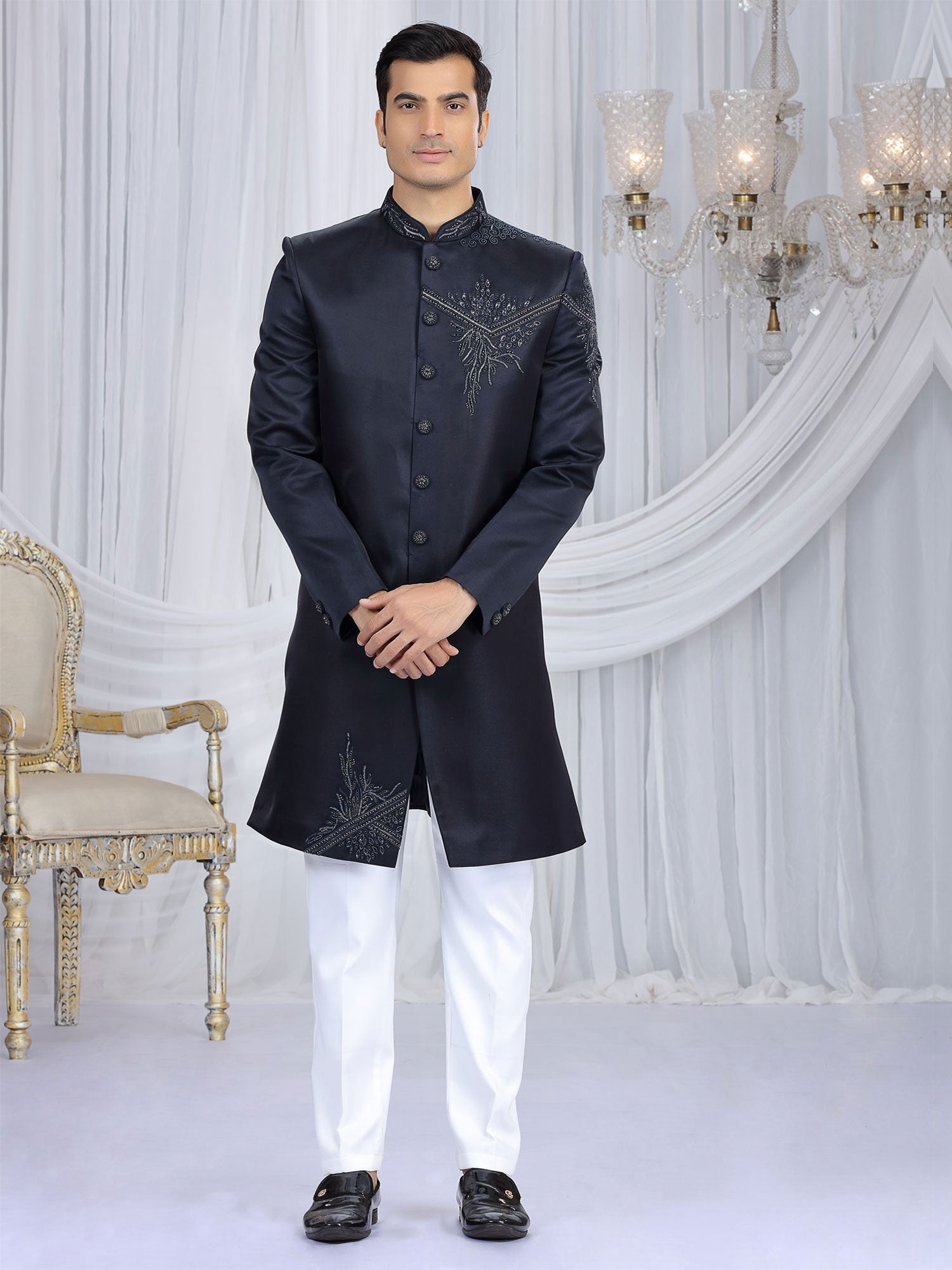 Navy Blue Weddng Indo Western Set For Mens