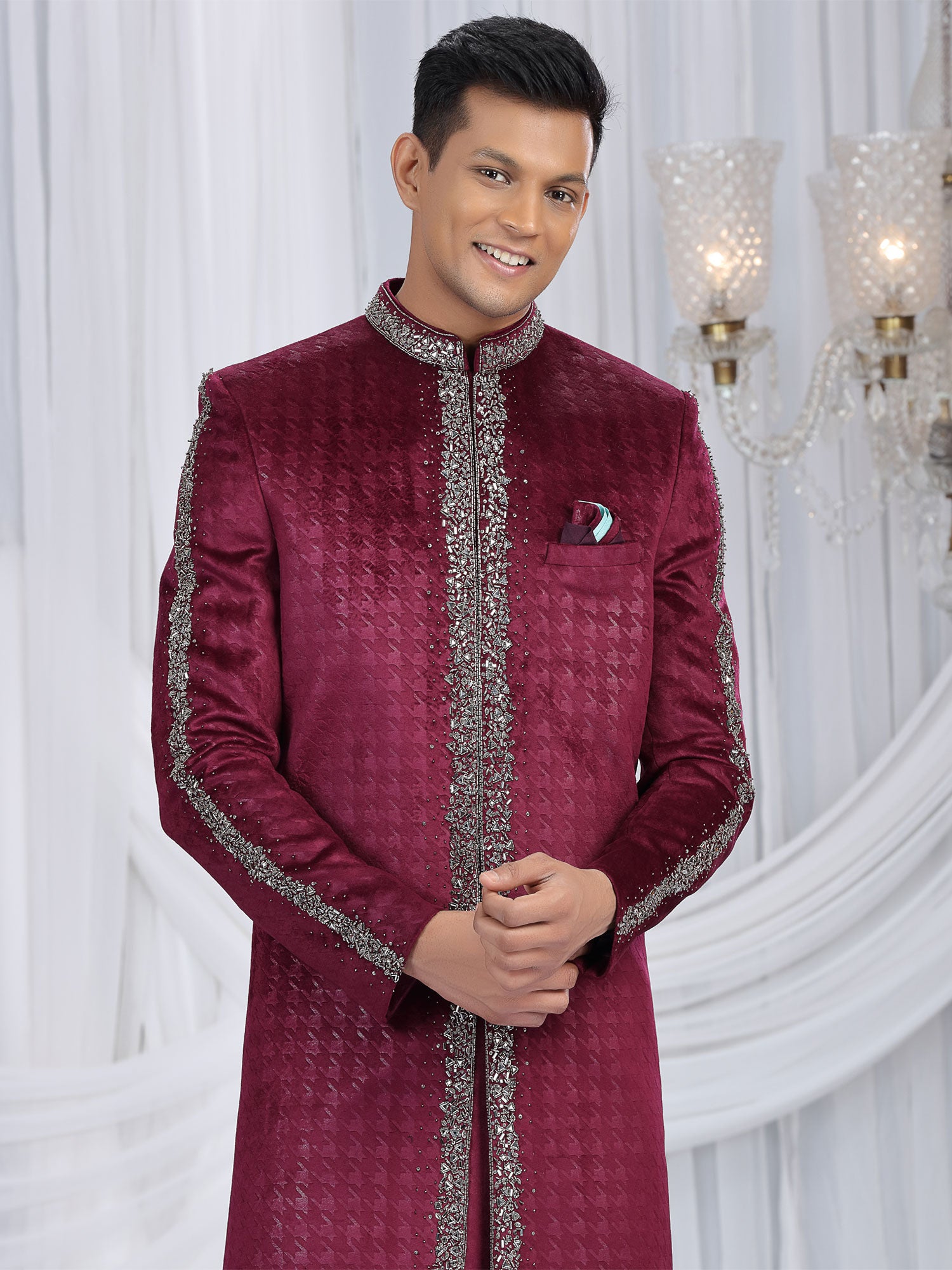 Wine Sequins Work Augmented Men's Indo Western