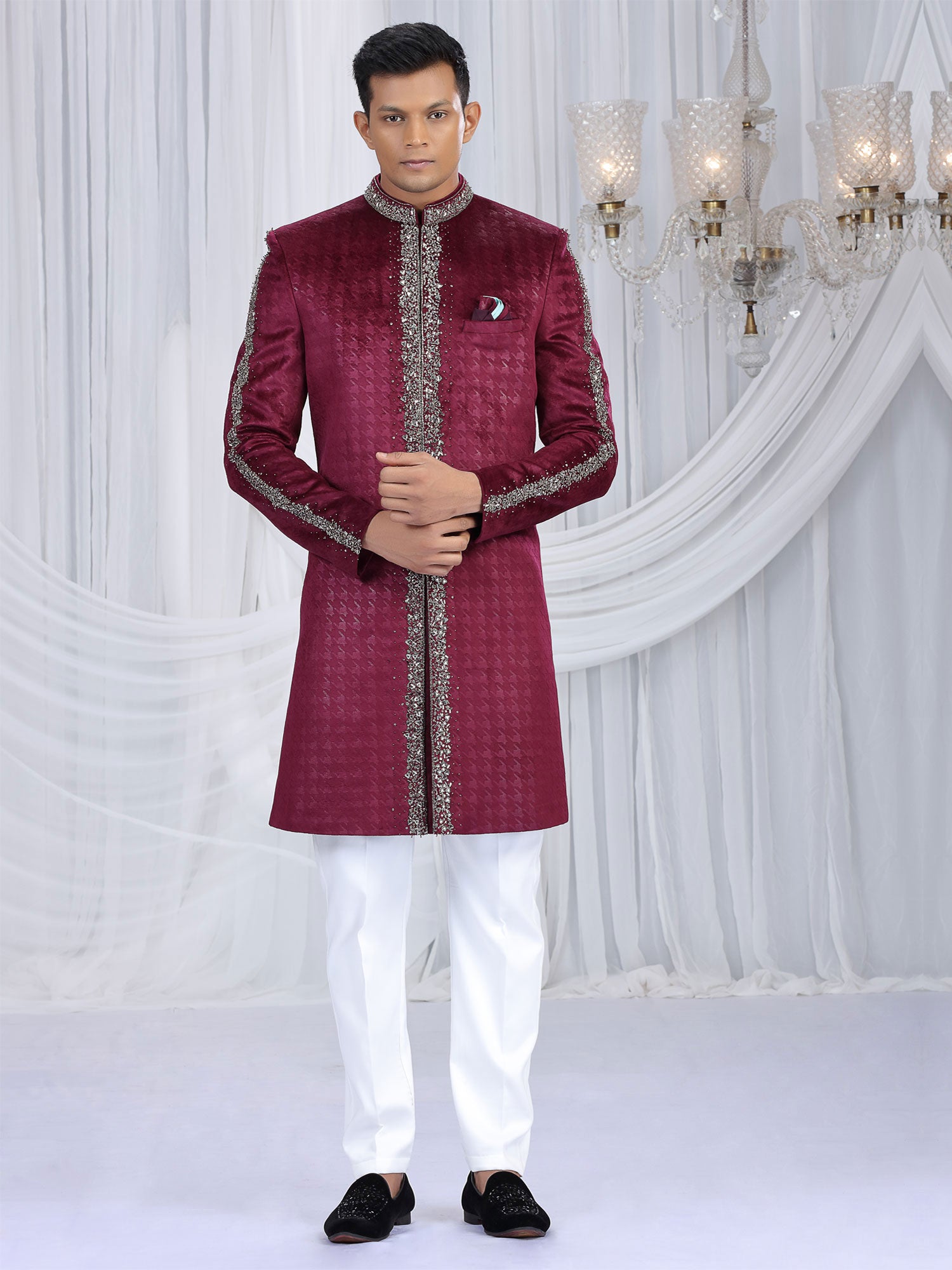 Wine Sequins Work Augmented Men's Indo Western