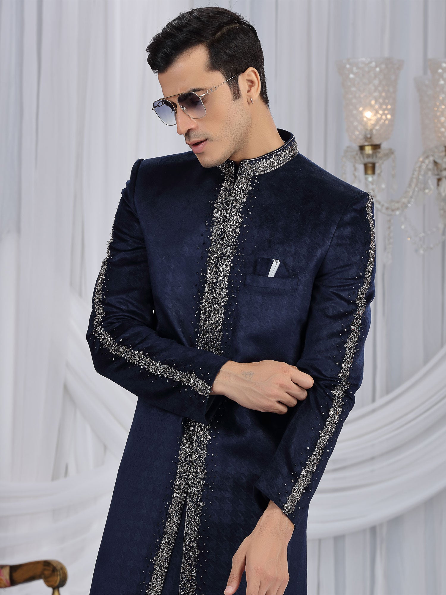 Dark Blue Wedding Wear Velvet Indo Western Set