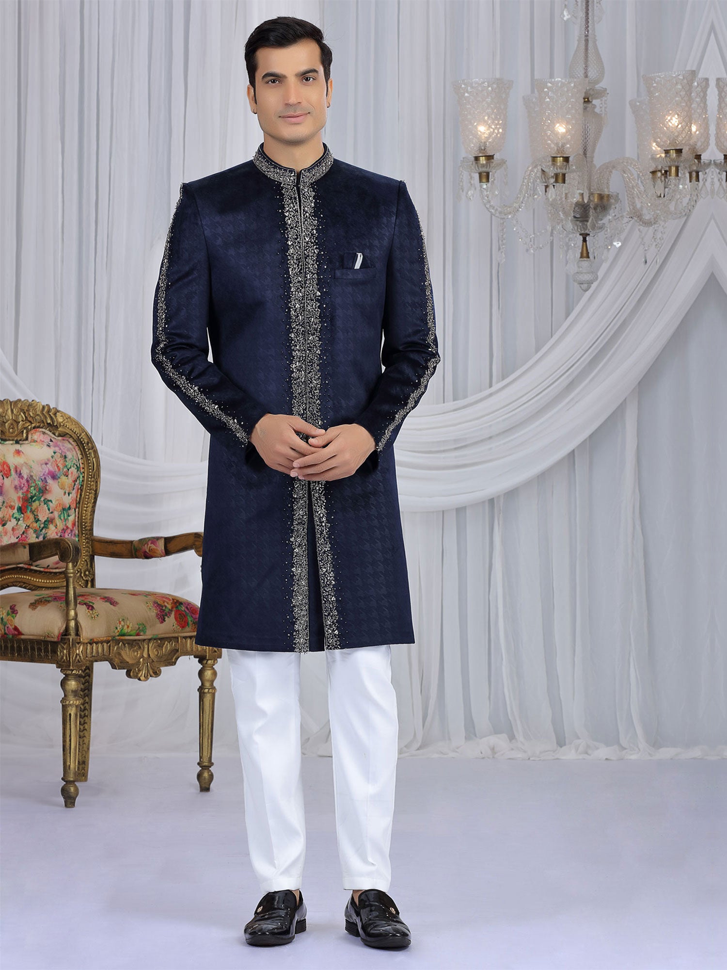 Dark Blue Wedding Wear Velvet Indo Western Set
