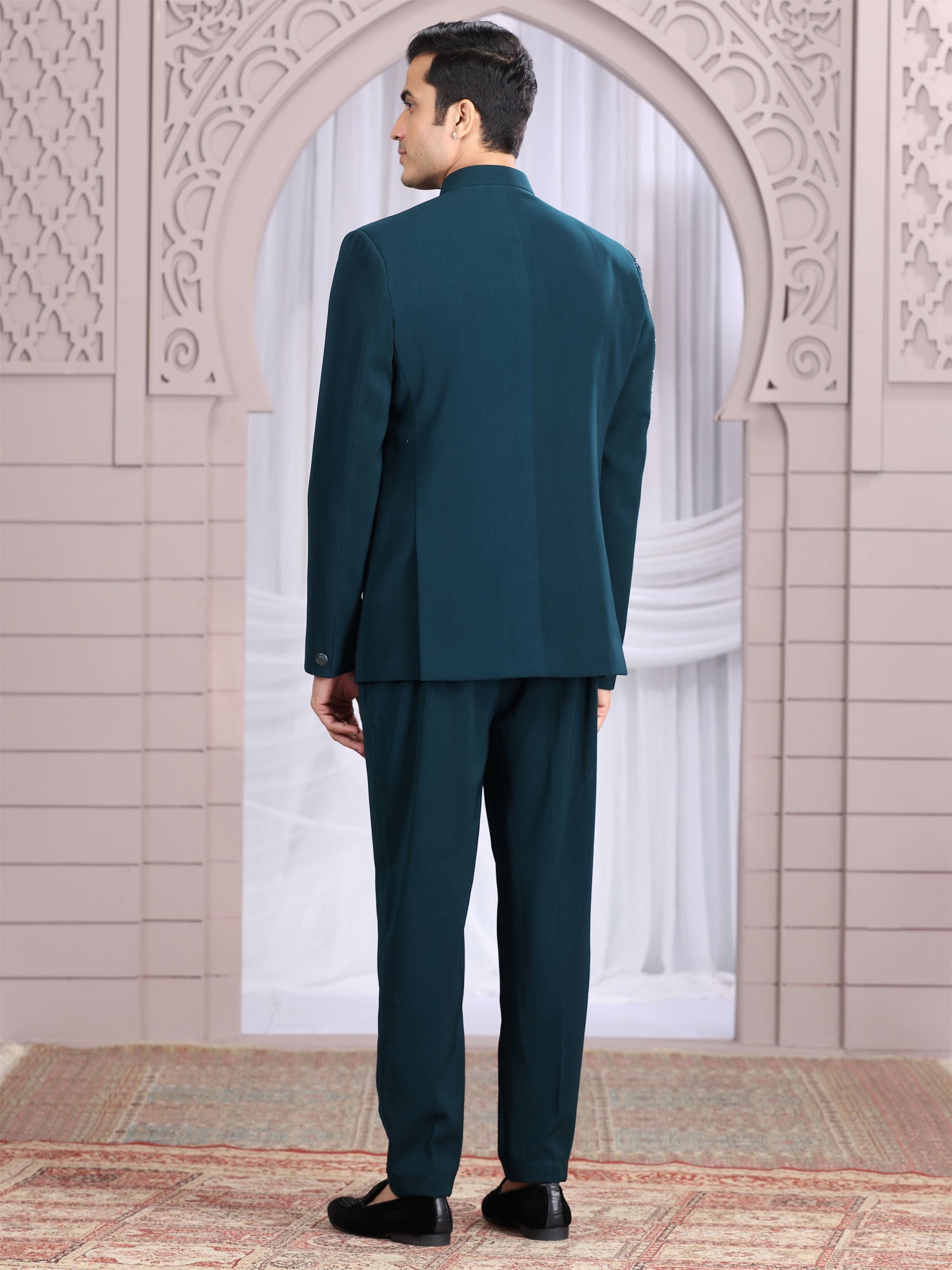 Teal Blue Hand Work Embellished Bandgala Suit