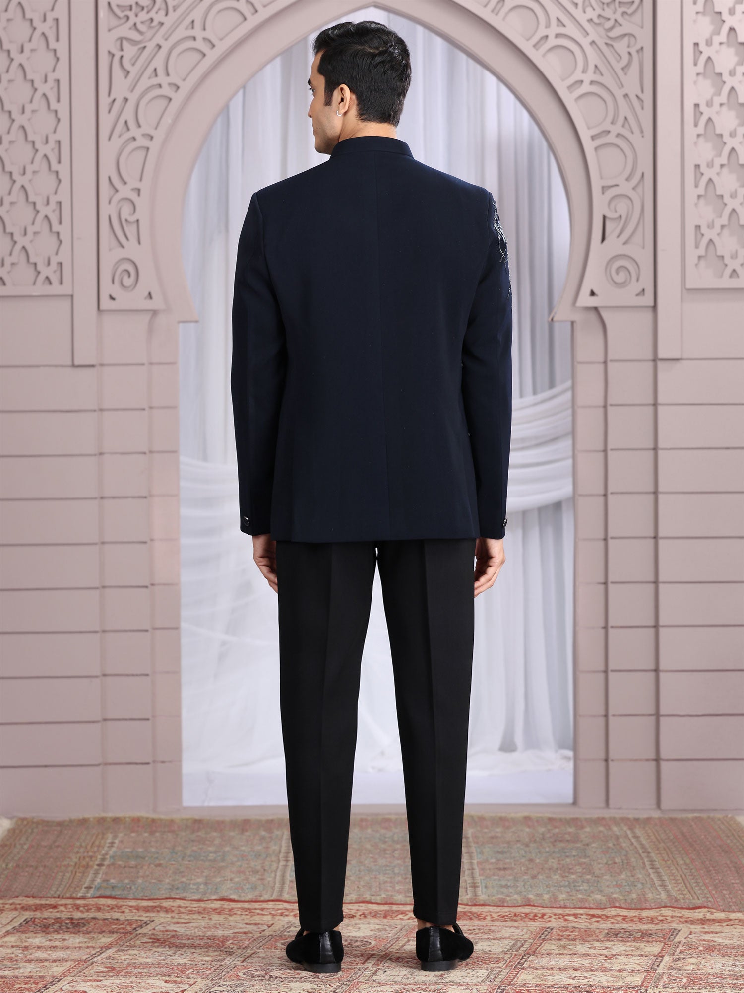 Navy Blue Men's Mandarin Set In Hand Work