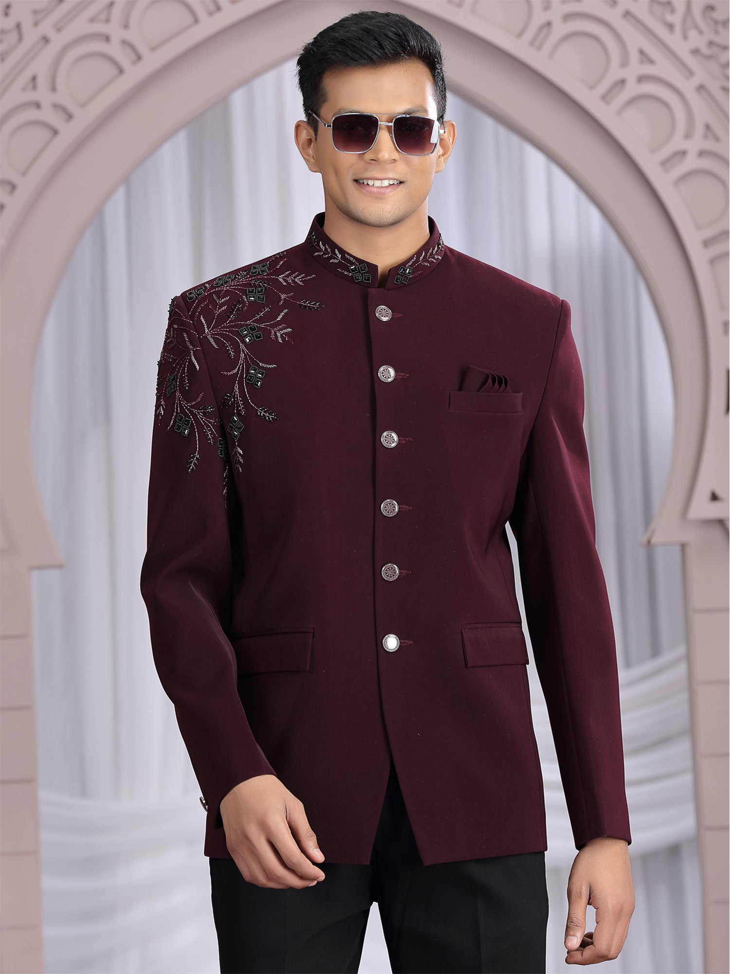 Dark Wine Wedding Bandgala Set For Mens