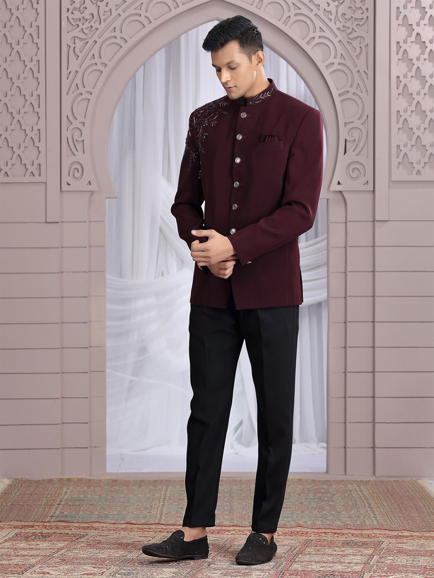 Dark Wine Wedding Bandgala Set For Mens