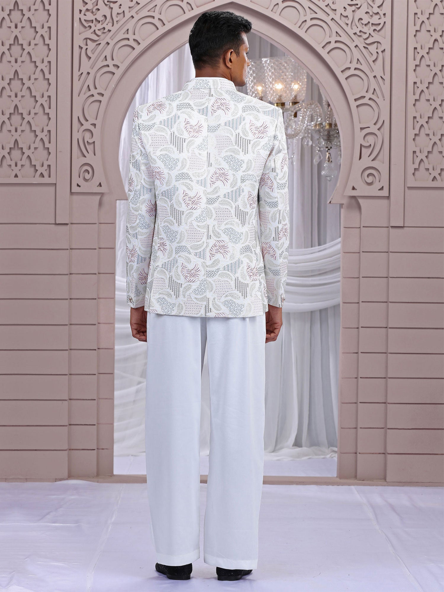 White Embroidered Jodhpuri Suit Set In Art Silk