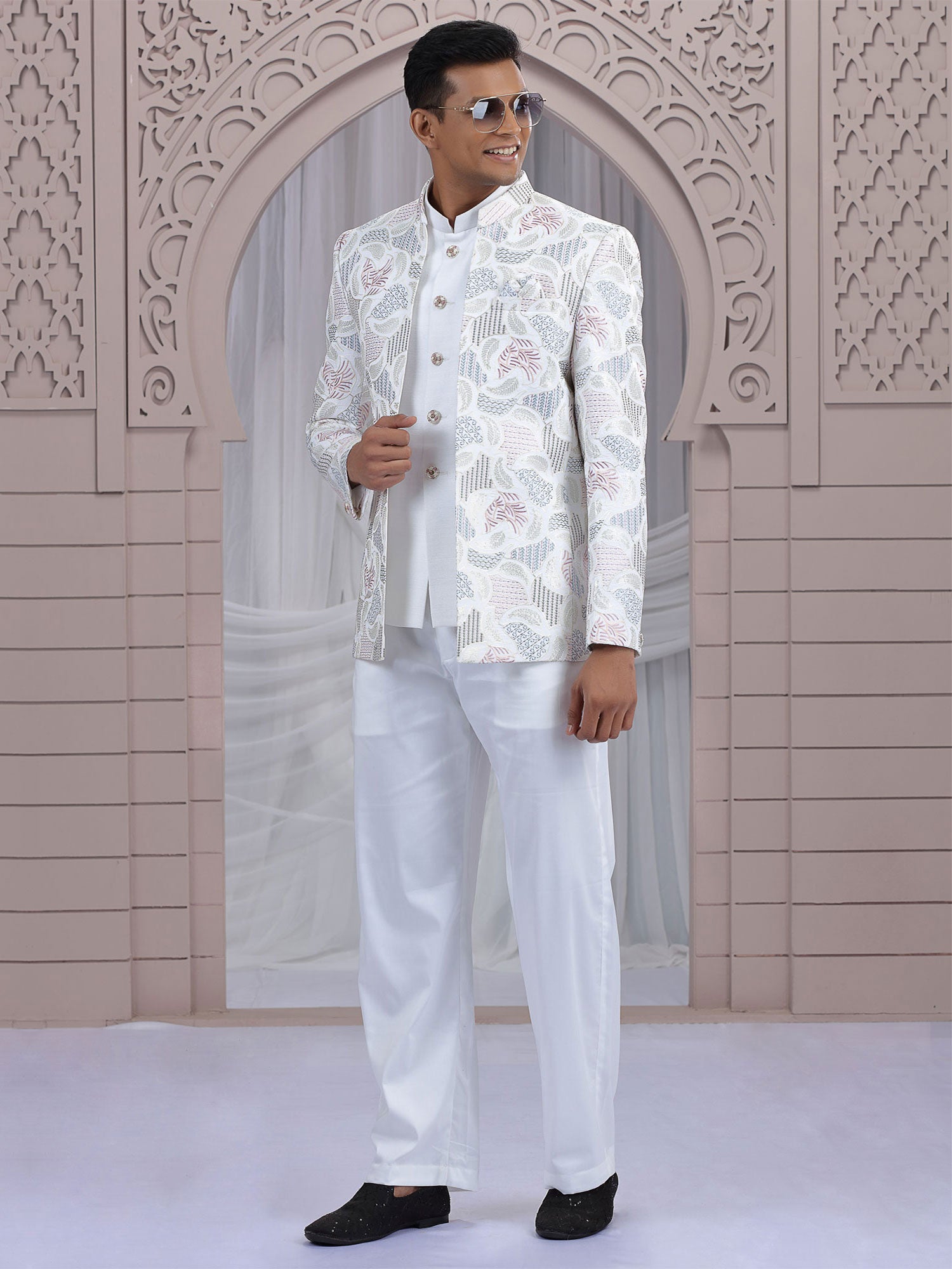 White Embroidered Jodhpuri Suit Set In Art Silk