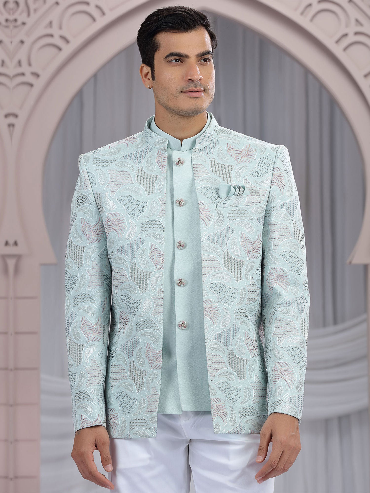 Light Blue Thread Work Mandarin In Art Silk