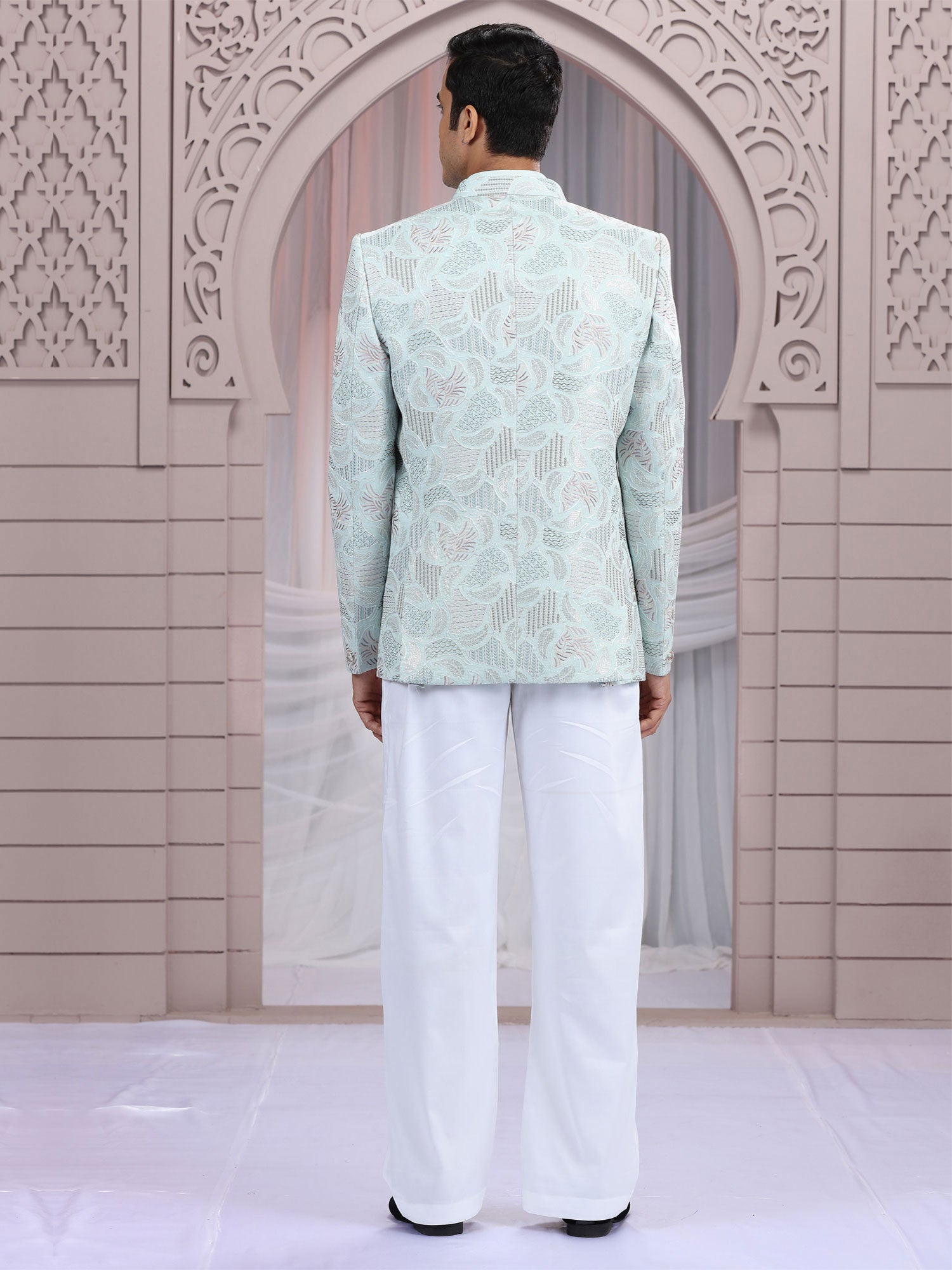 Light Blue Thread Work Mandarin In Art Silk