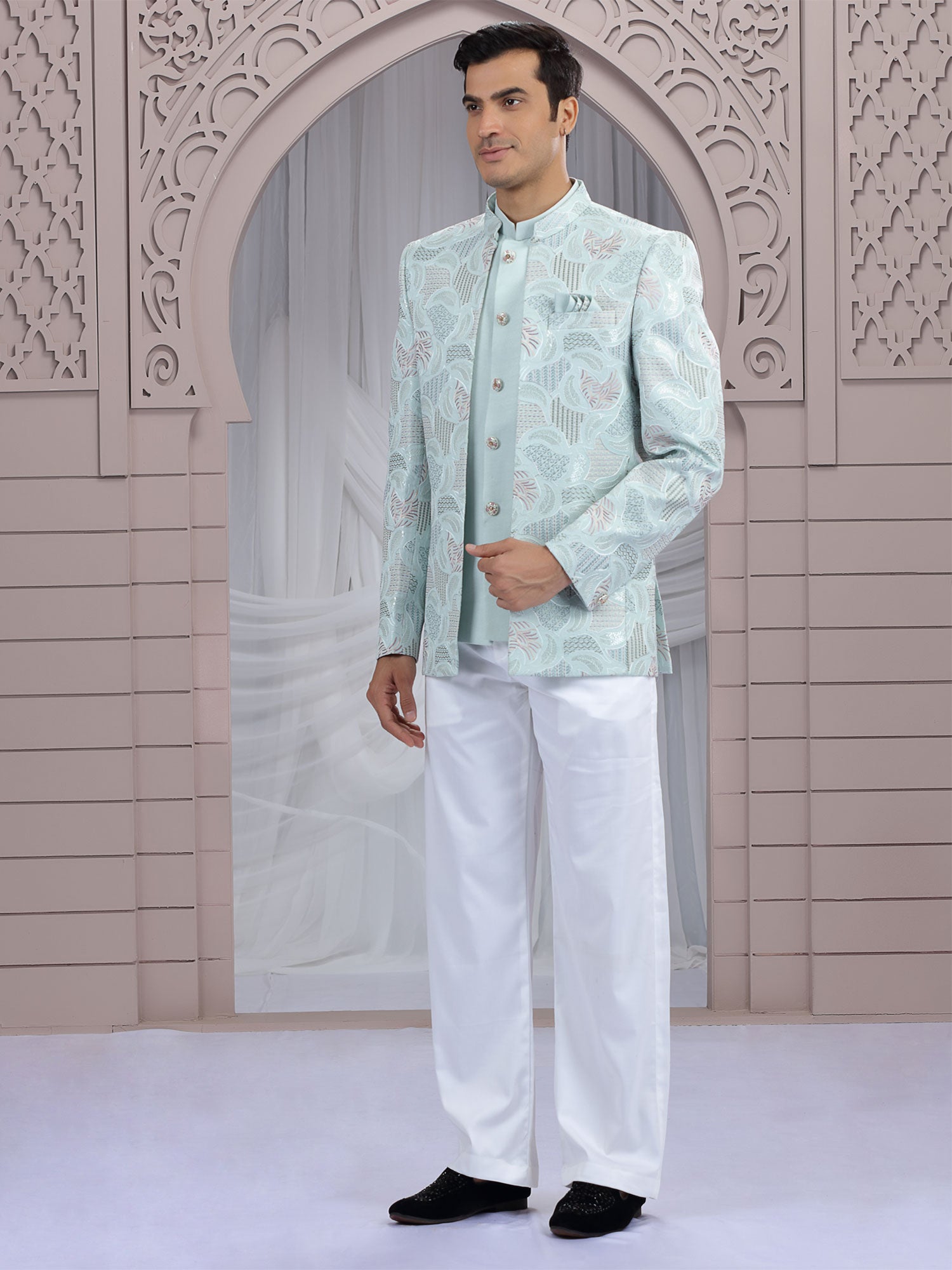 Light Blue Thread Work Mandarin In Art Silk