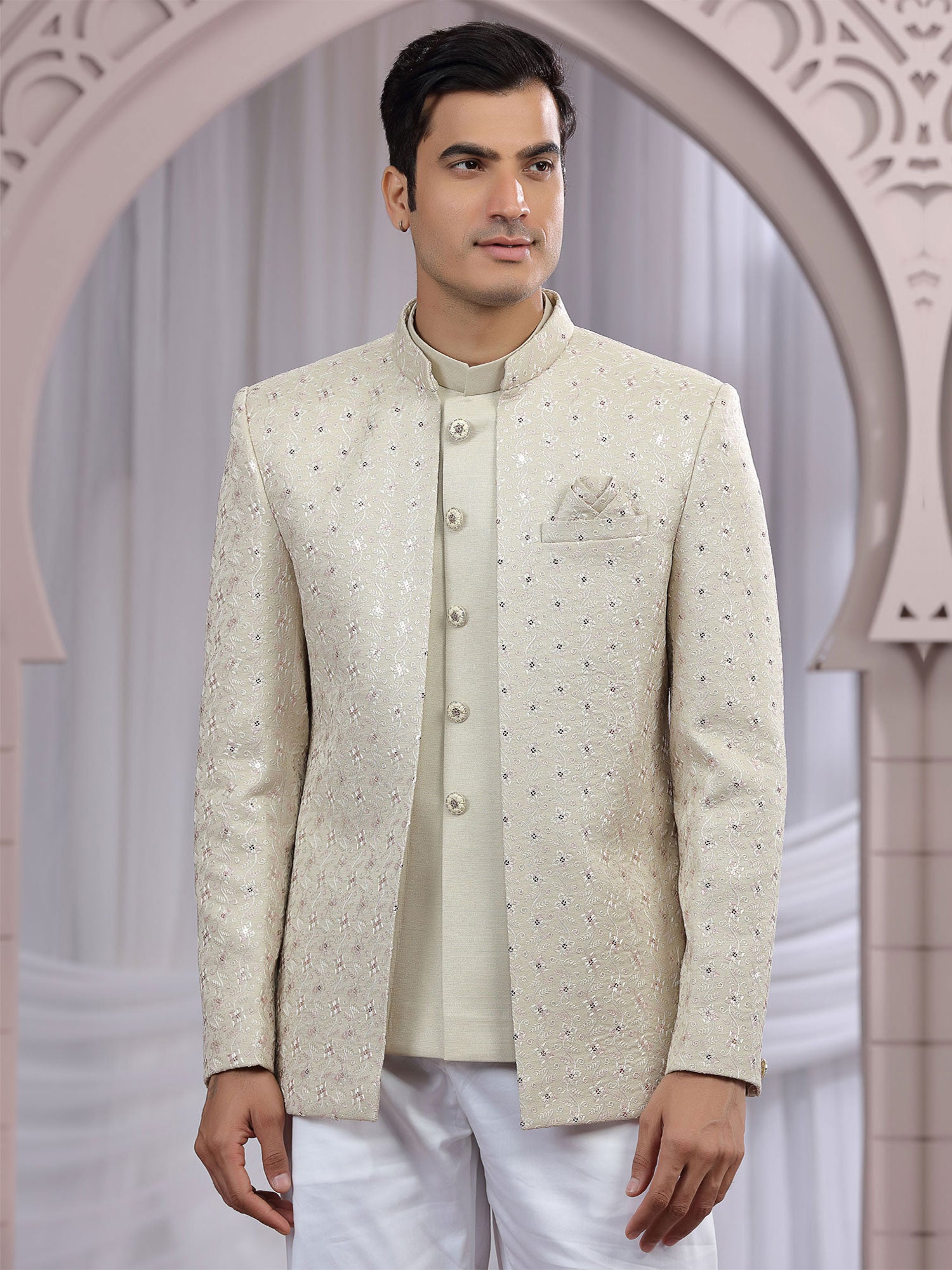 Beige Sequins Enhanced Wedding Jodhpuri Set