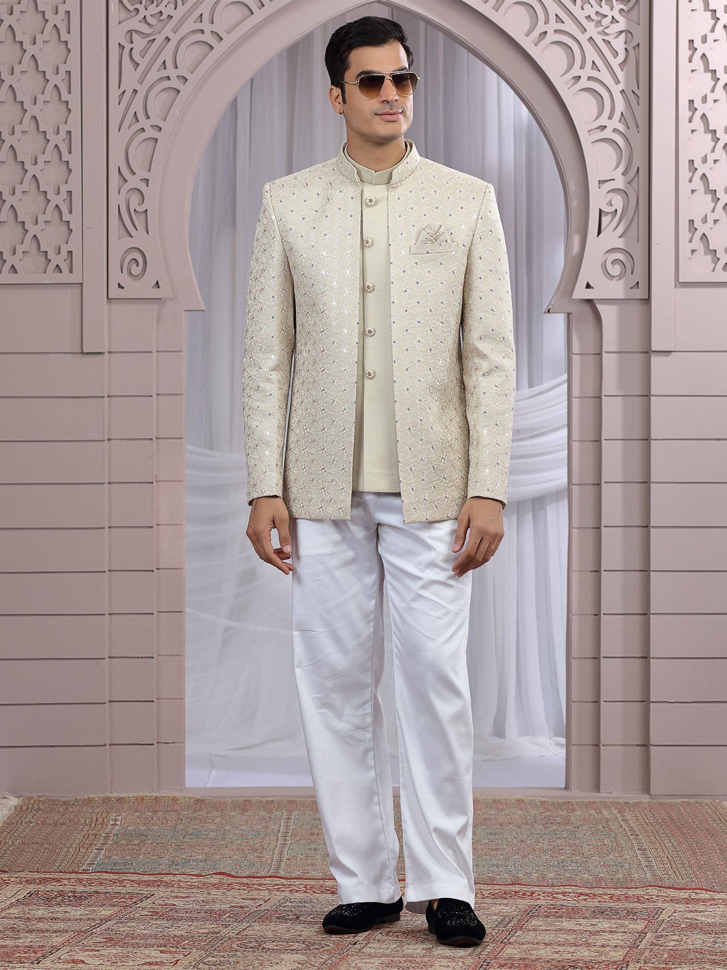 Beige Sequins Enhanced Wedding Jodhpuri Set