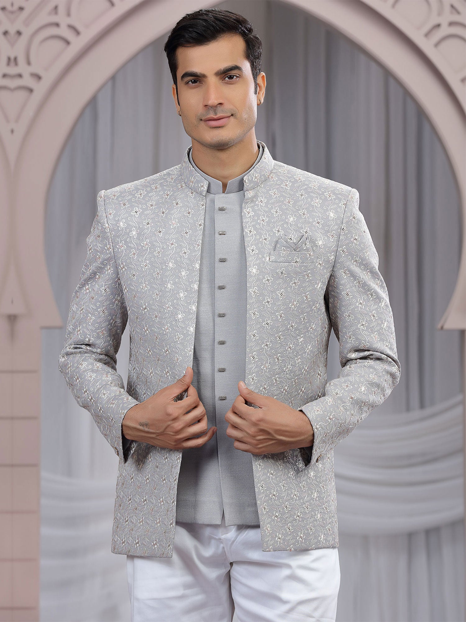 Grey Silk Mandarin Suit With Embroidered Jacket