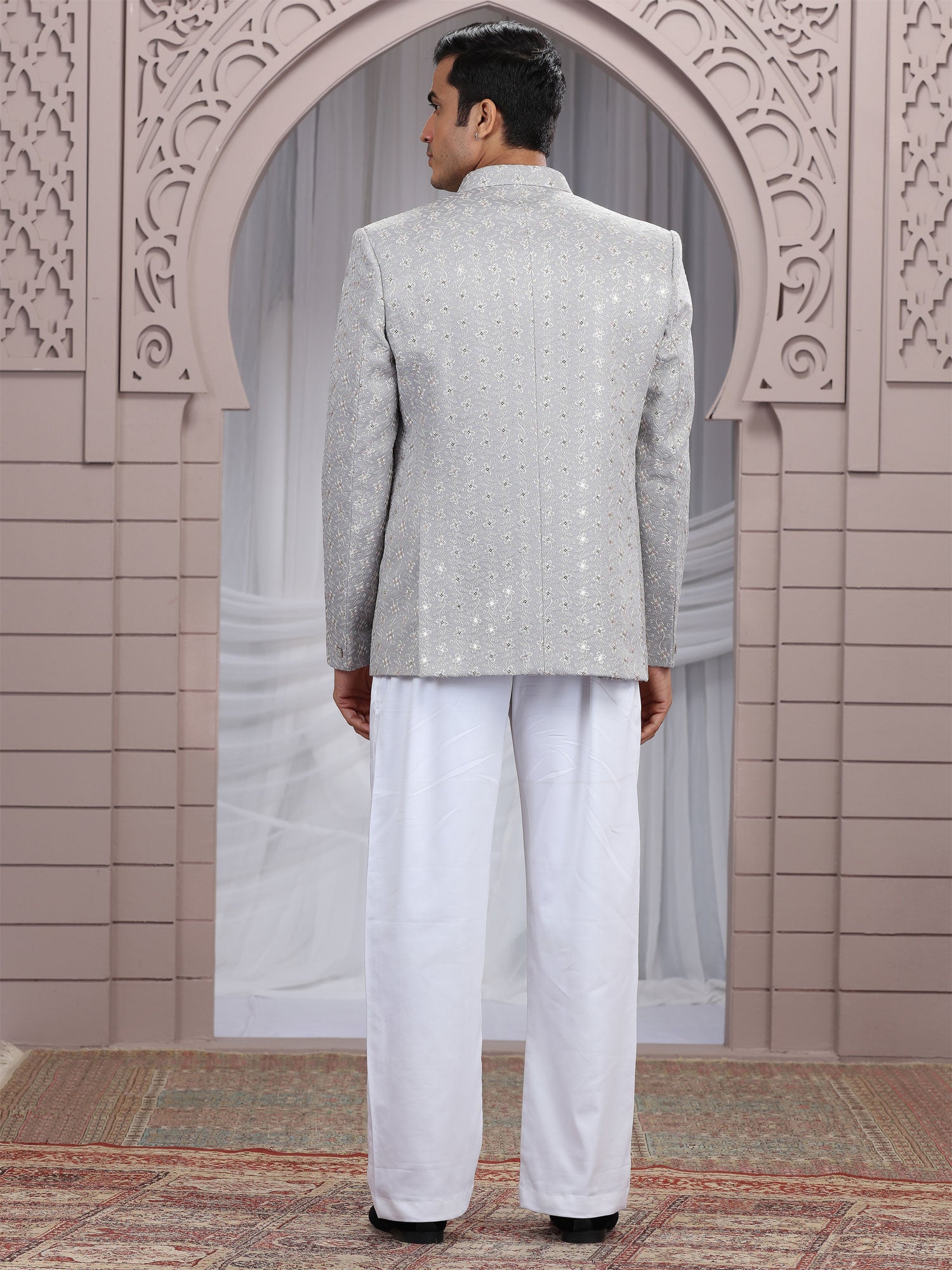 Grey Silk Mandarin Suit With Embroidered Jacket