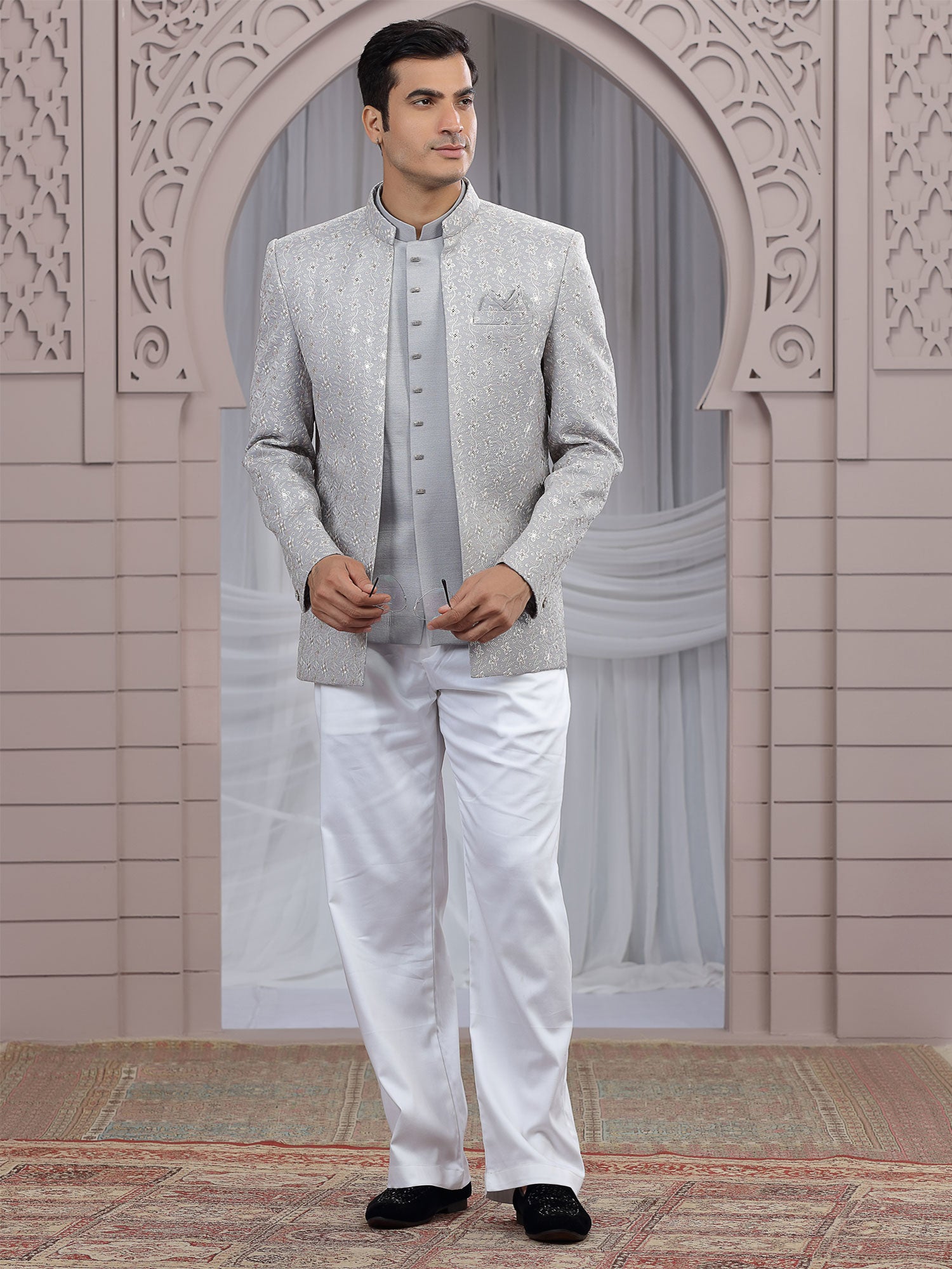 Grey Silk Mandarin Suit With Embroidered Jacket
