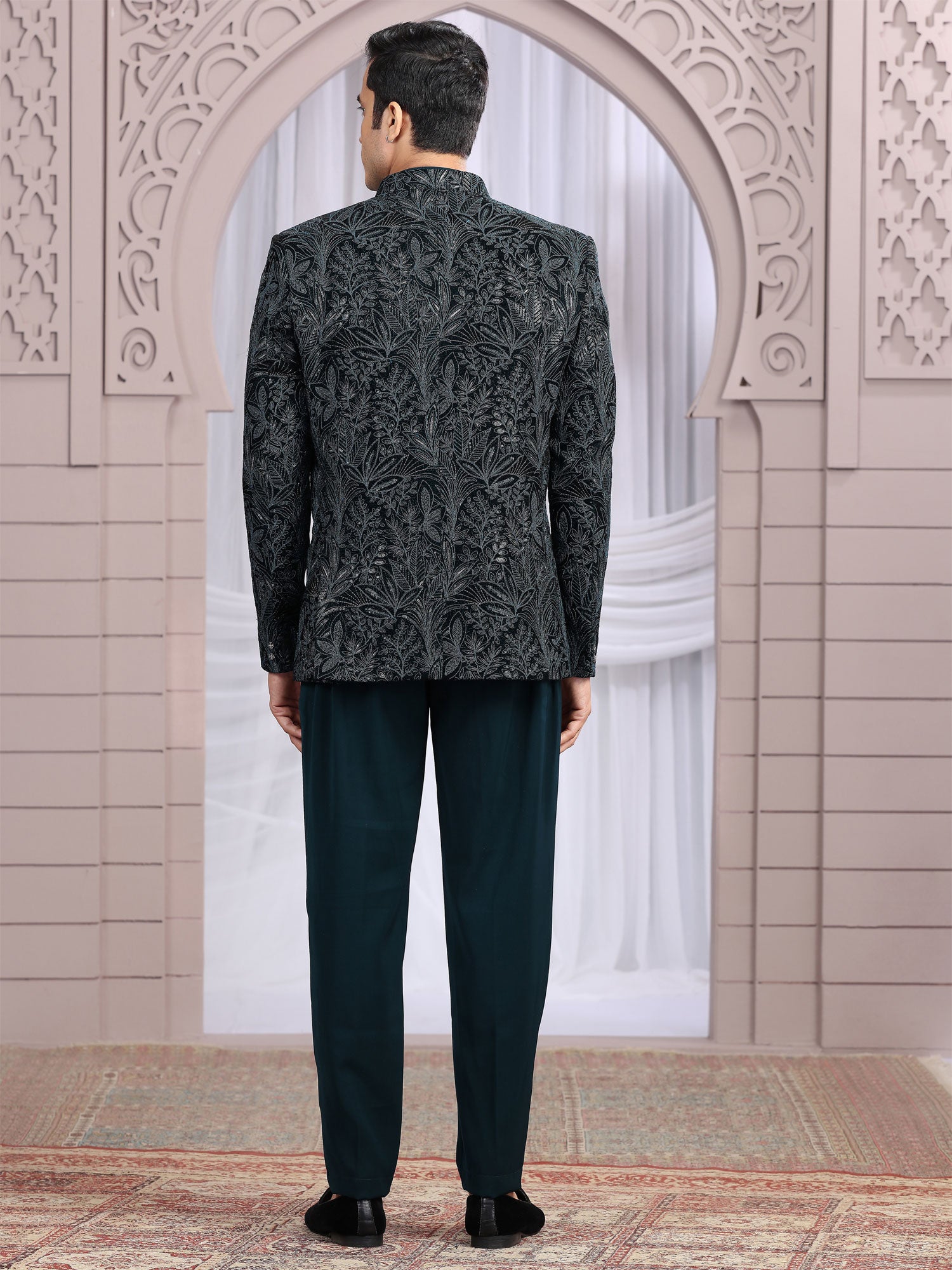 Peacock Blue Velvet Bandgala Suit With Jacket