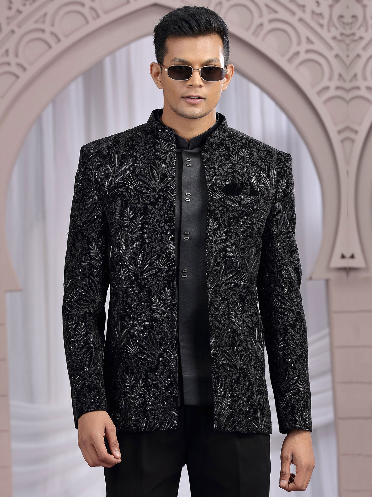 Black Embroidered Jodhpuri Set With Jacket In Velvet
