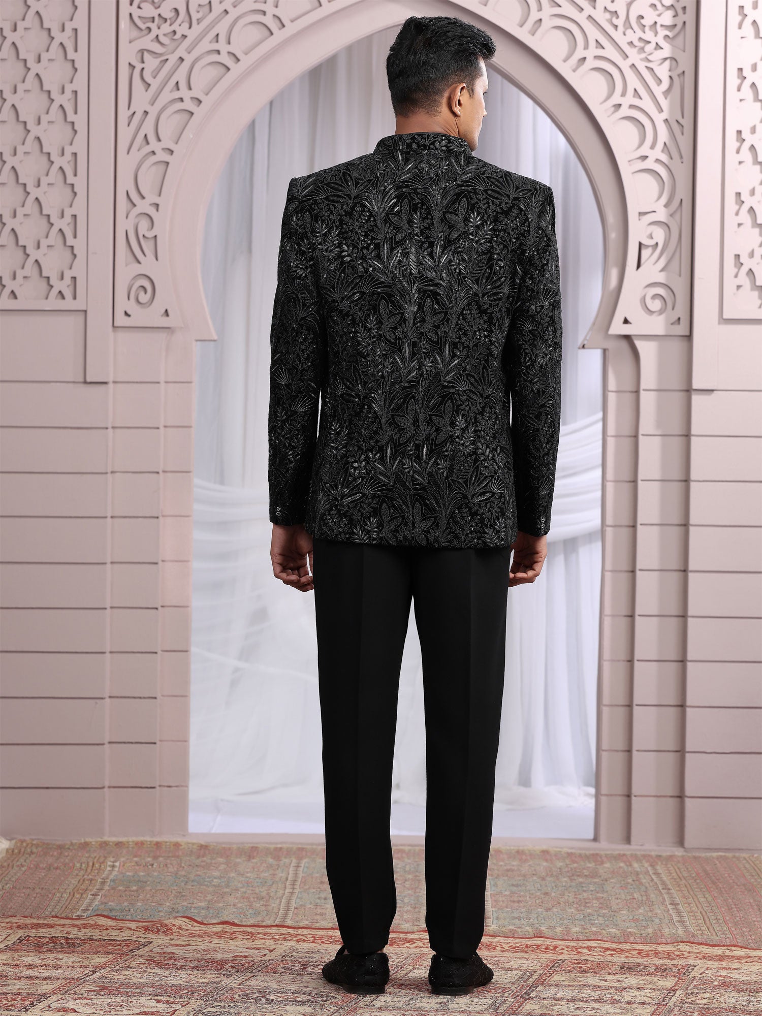 Black Embroidered Jodhpuri Set With Jacket In Velvet