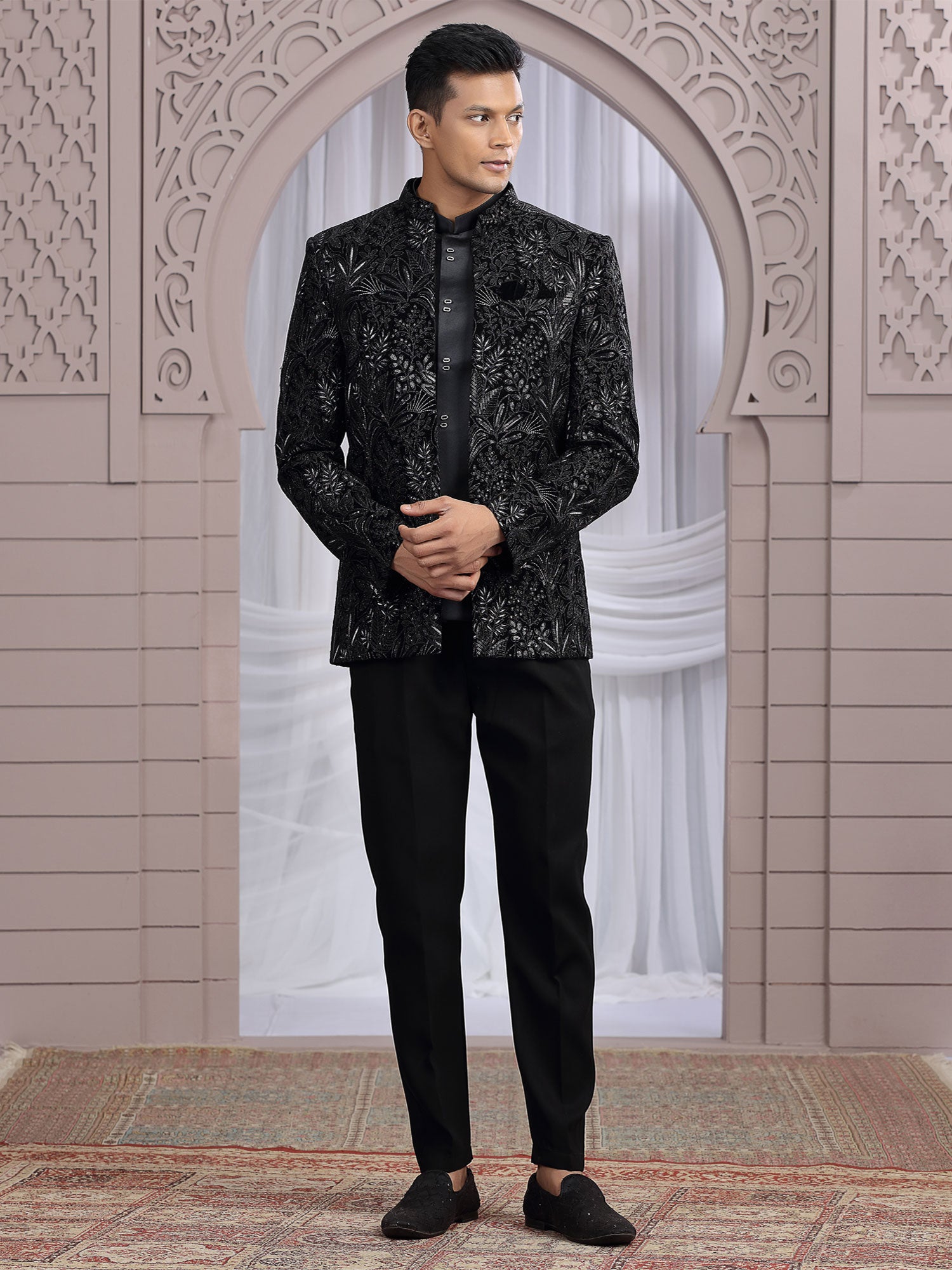 Black Embroidered Jodhpuri Set With Jacket In Velvet