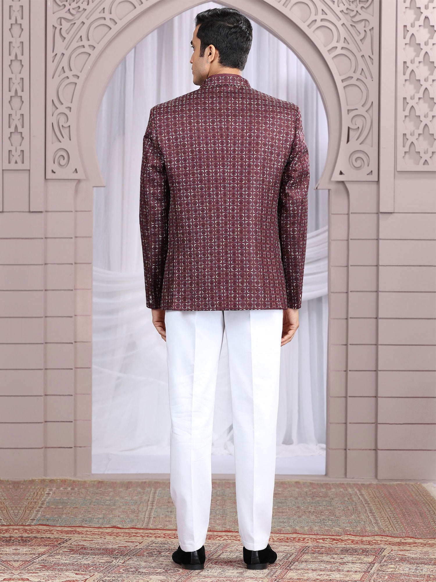 Wine Wedding Wear Silk Bandgala Suit For Mens