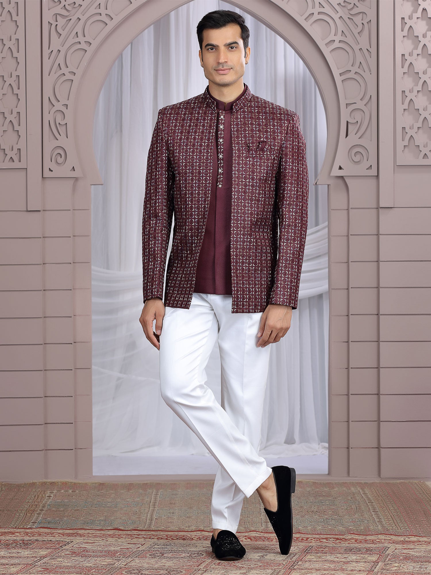 Wine Wedding Wear Silk Bandgala Suit For Mens