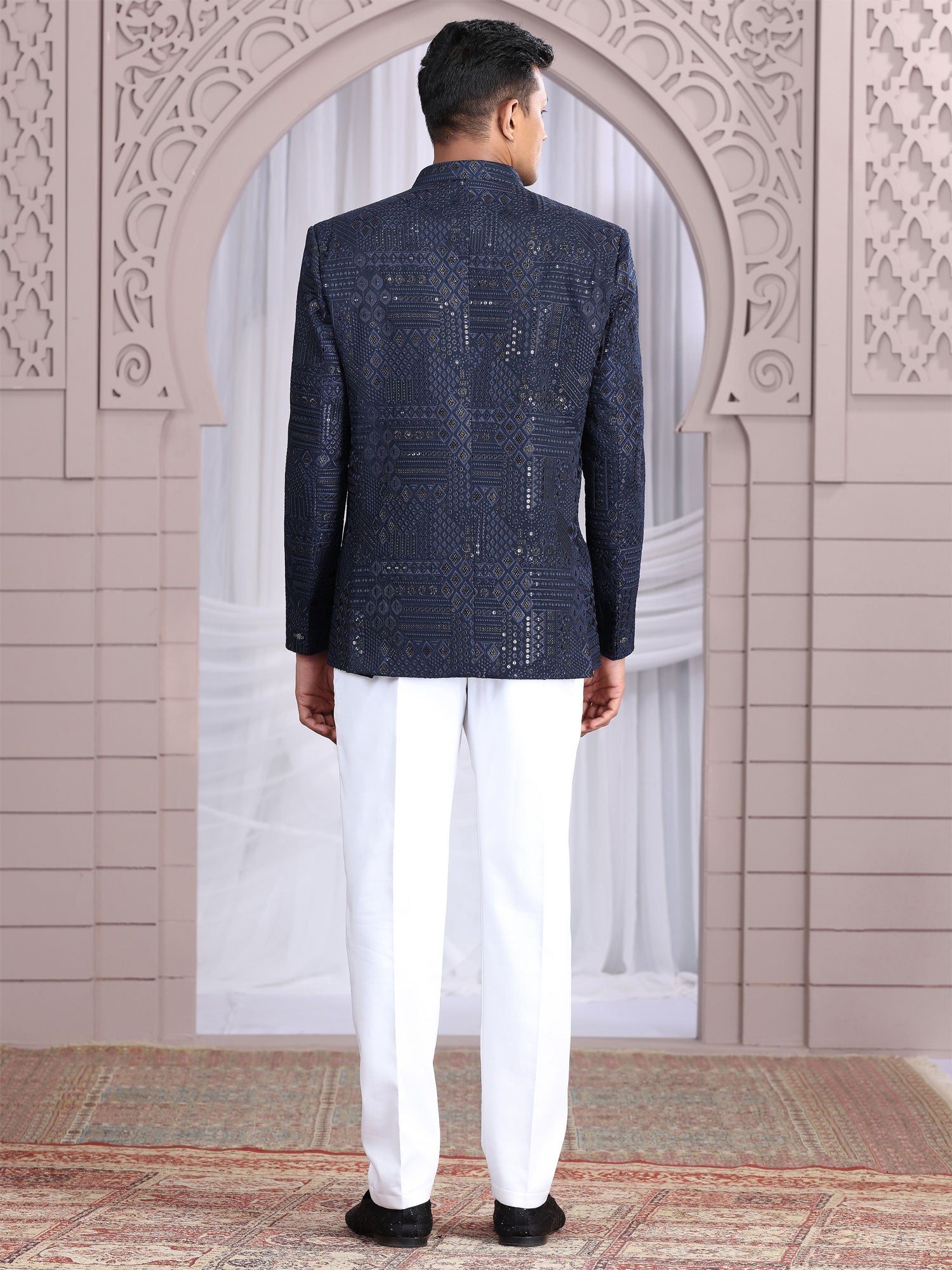 Navy Blue Silk Mandarin Set In Heavy Embroidery