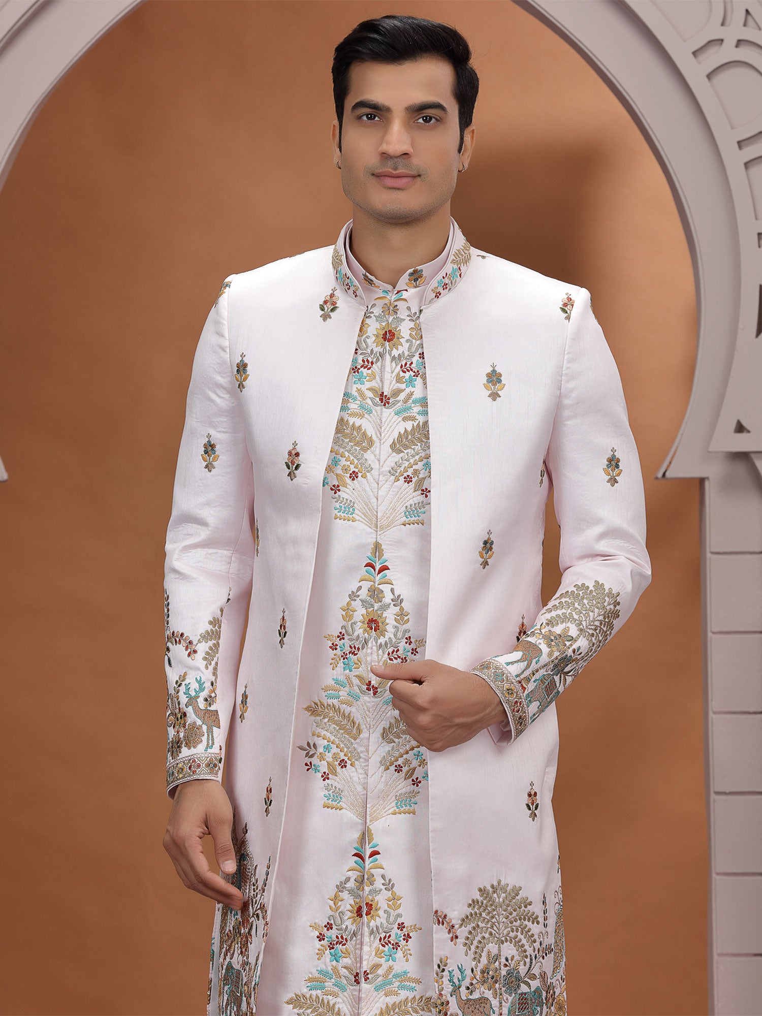 Light Pink Floral Thread Work Indowestern Set