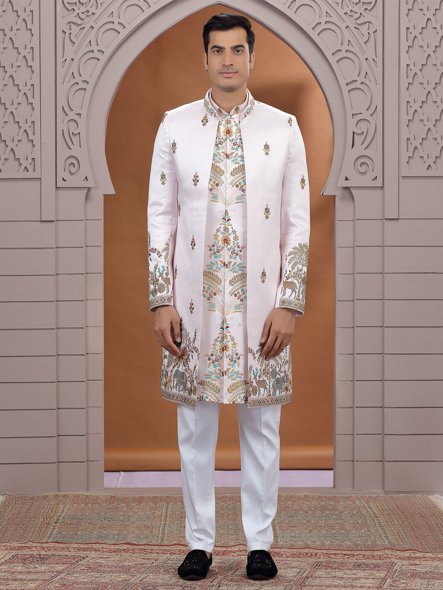 Light Pink Floral Thread Work Indowestern Set