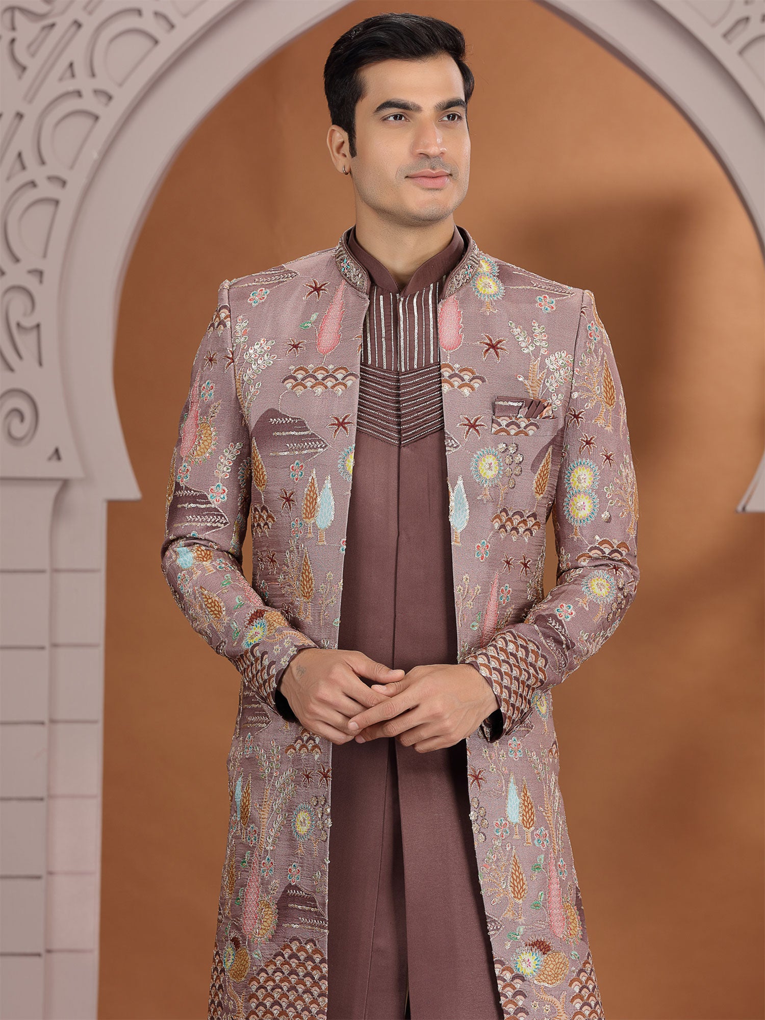 Brown Jacket Style Indowestern In Floral Work