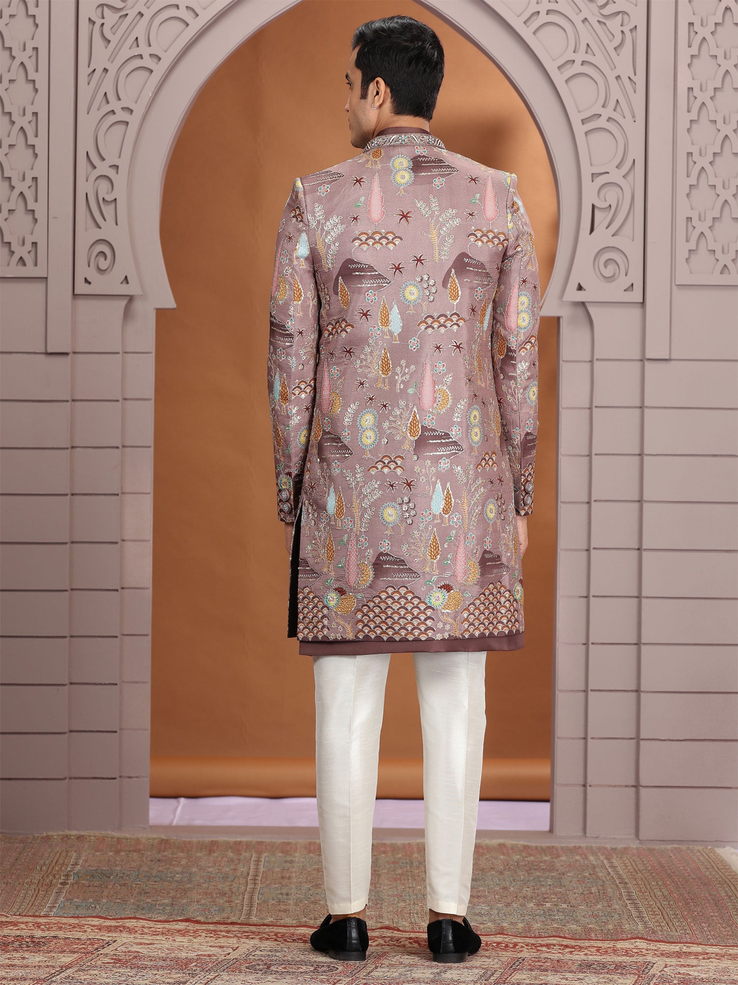 Brown Jacket Style Indowestern In Floral Work