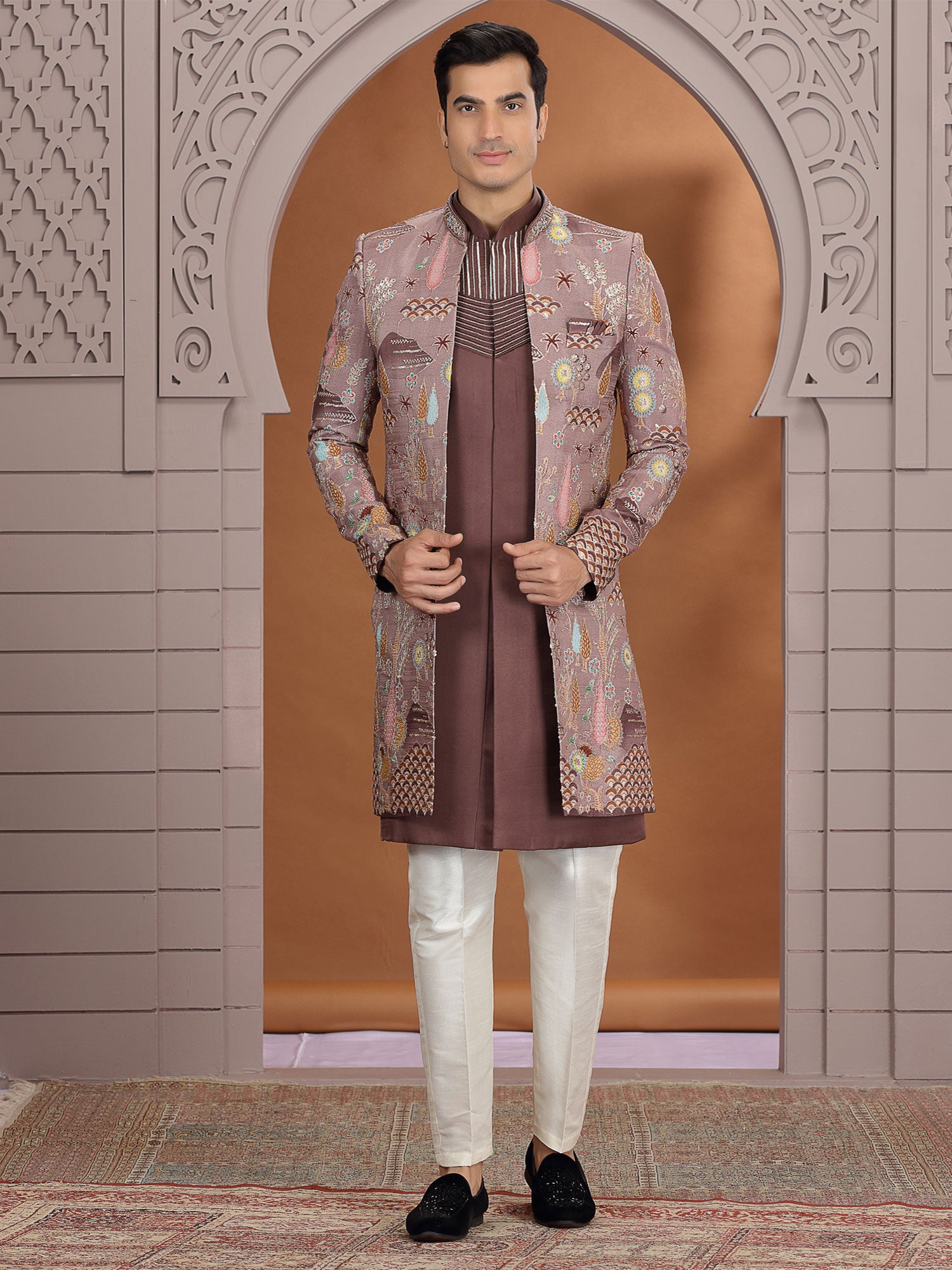 Brown Jacket Style Indowestern In Floral Work