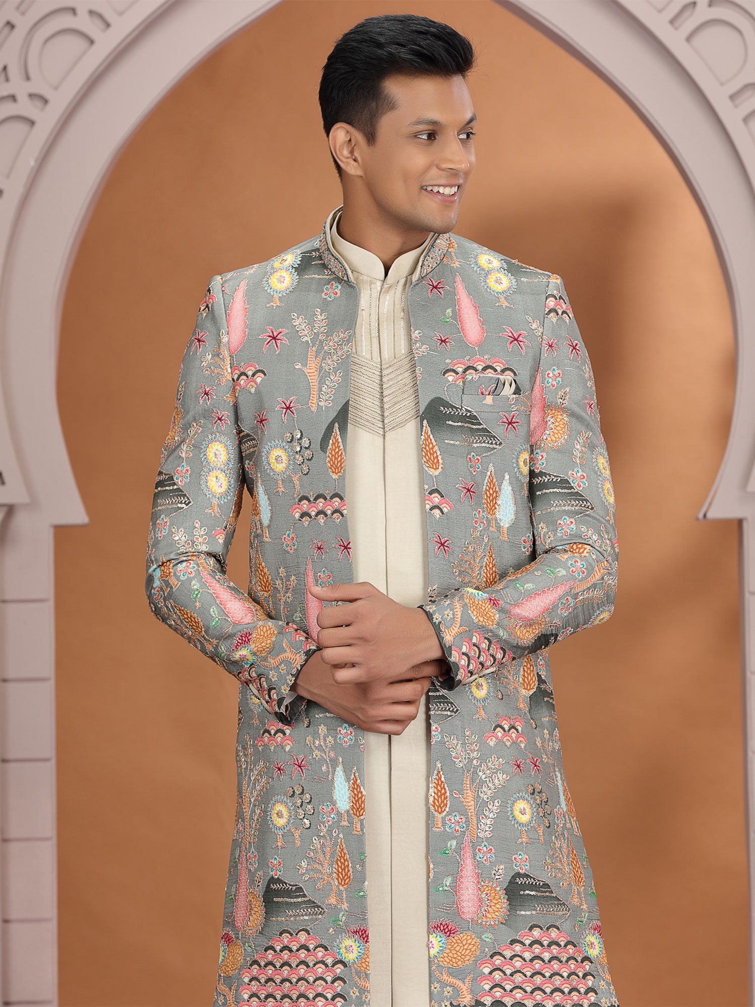 Cream Men's Indo Western With Embroidered Jacket