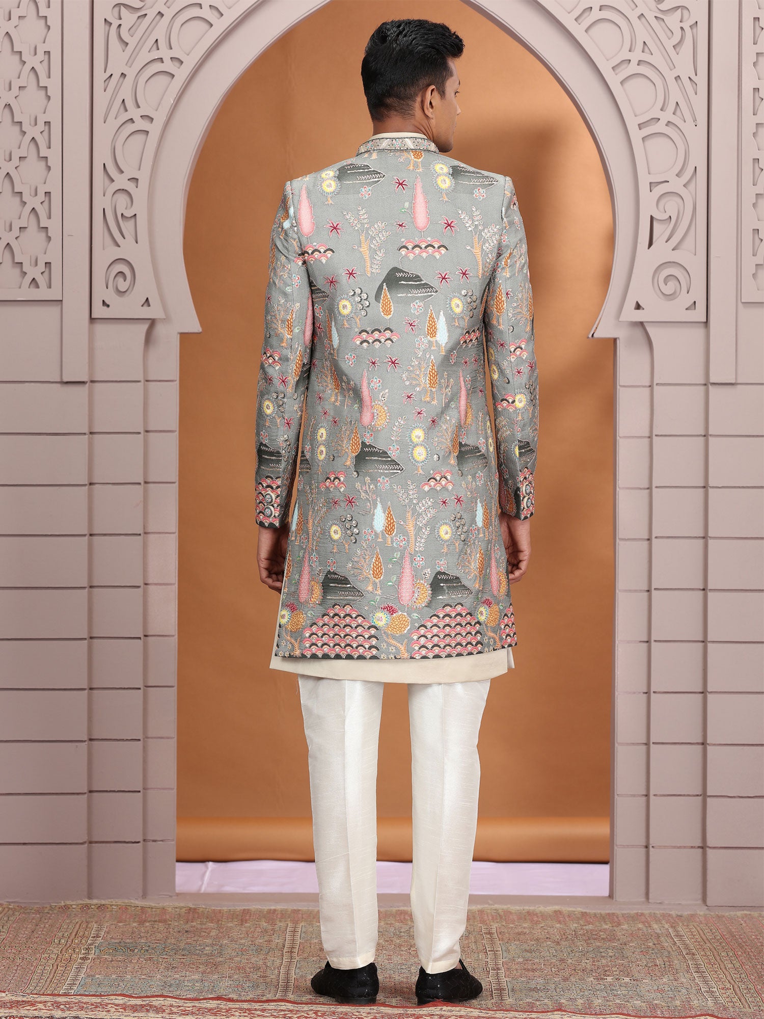 Cream Men's Indo Western With Embroidered Jacket